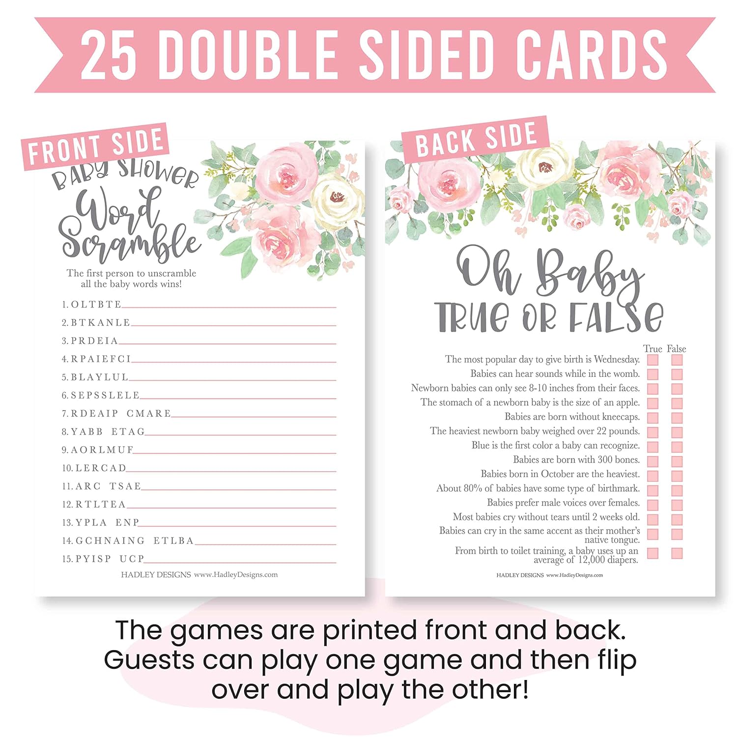 Baby Shower Games For 25 Guests - Floral Pink Girl Baby Shower Games Word Scramble, True Or False Babyshower Game Girl, Gender Reveal Game, Made In Usa