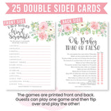 Baby Shower Games For 25 Guests - Floral Pink Girl Baby Shower Games Word Scramble, True Or False Babyshower Game Girl, Gender Reveal Game, Made In Usa
