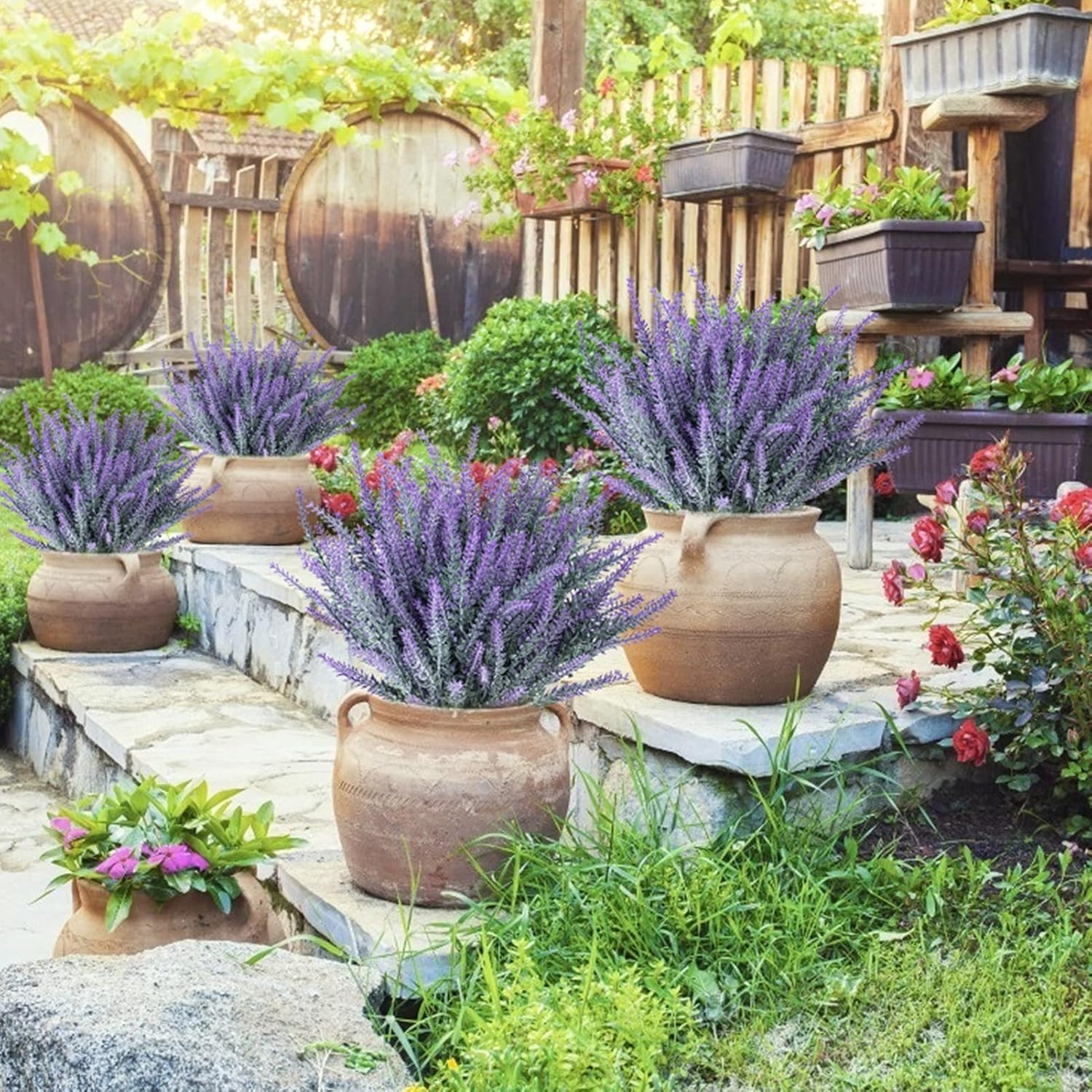 12 Bundles Artificial Lavender Fake Flowers Faux Plastic Plants For Home Wedding Kitchen Garden Patio Window Box Office Table Centerpieces Indoor Outdoor Decor, Gray Purple