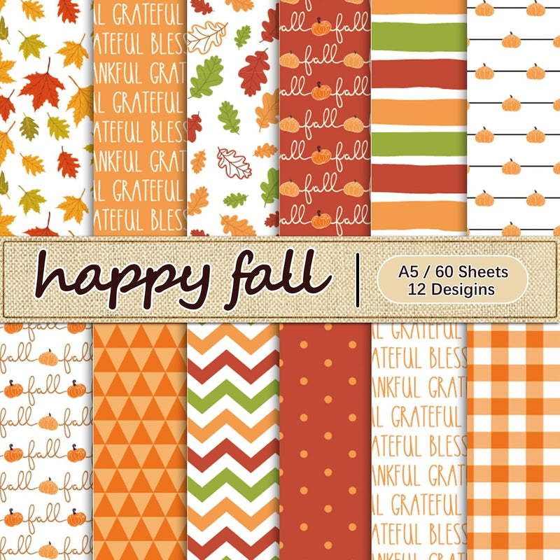 60 Pcs Fall Pattern Paper Autumn Leaves Pumpkin Plaid Waves Craft Paper Orange