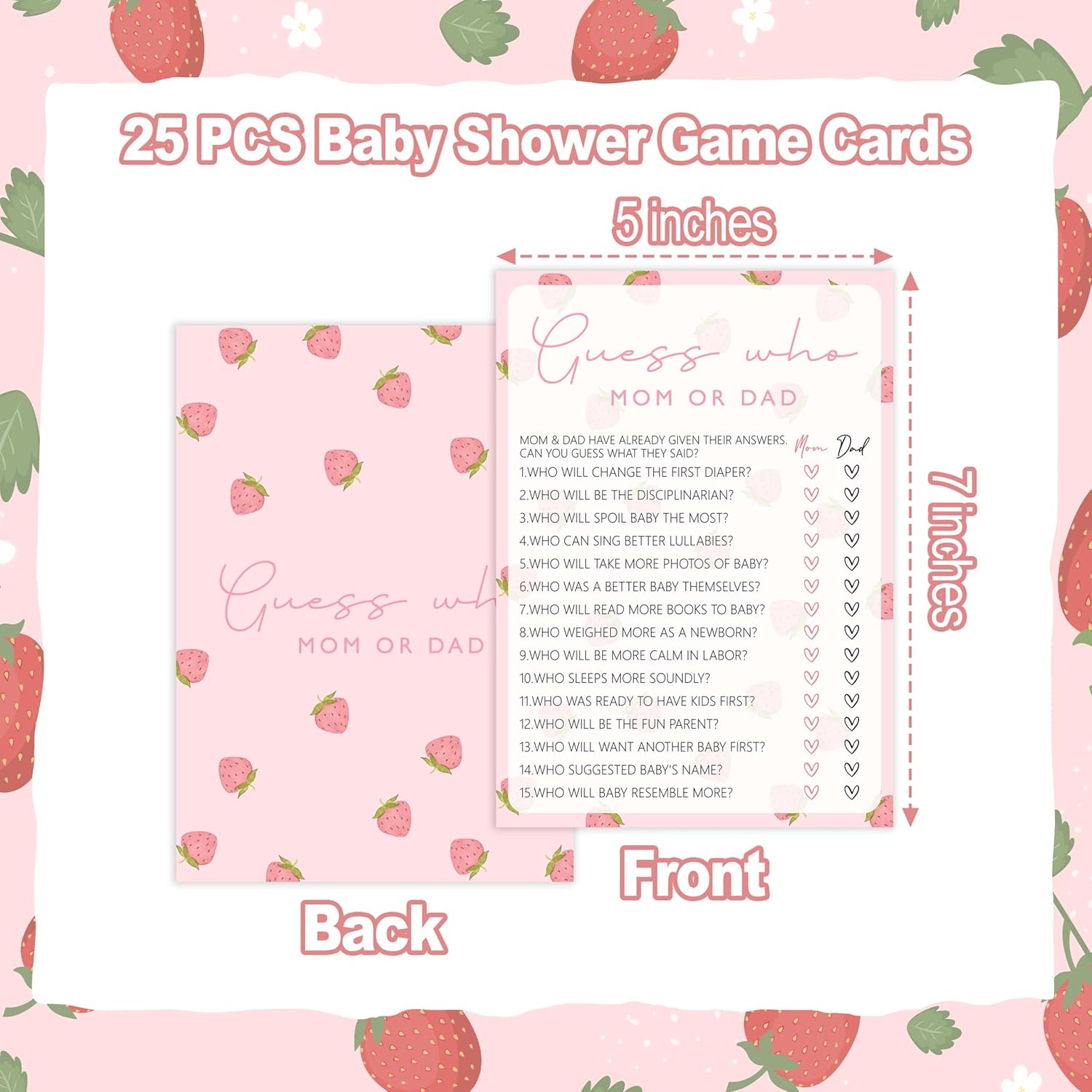 Baby Shower Games For Girl, Strawberry Guess Who Mom Or Dad, 25 Double-Sided Hilarious Baby Shower Games For Gender Reveal Party Decorations Supplies Announcement - E01
