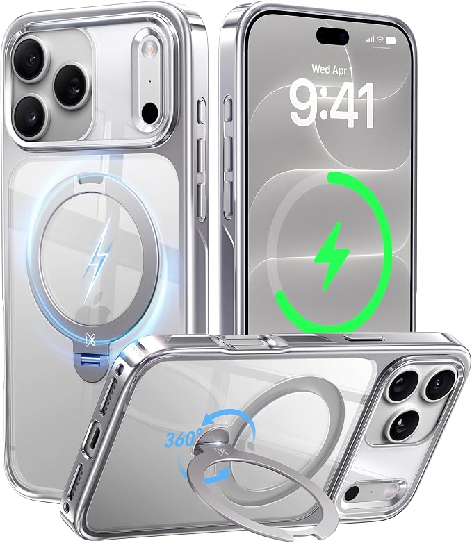 Silver iPhone 18 Pro and 17 Pro Case with 360 Spin Magnetic Stand