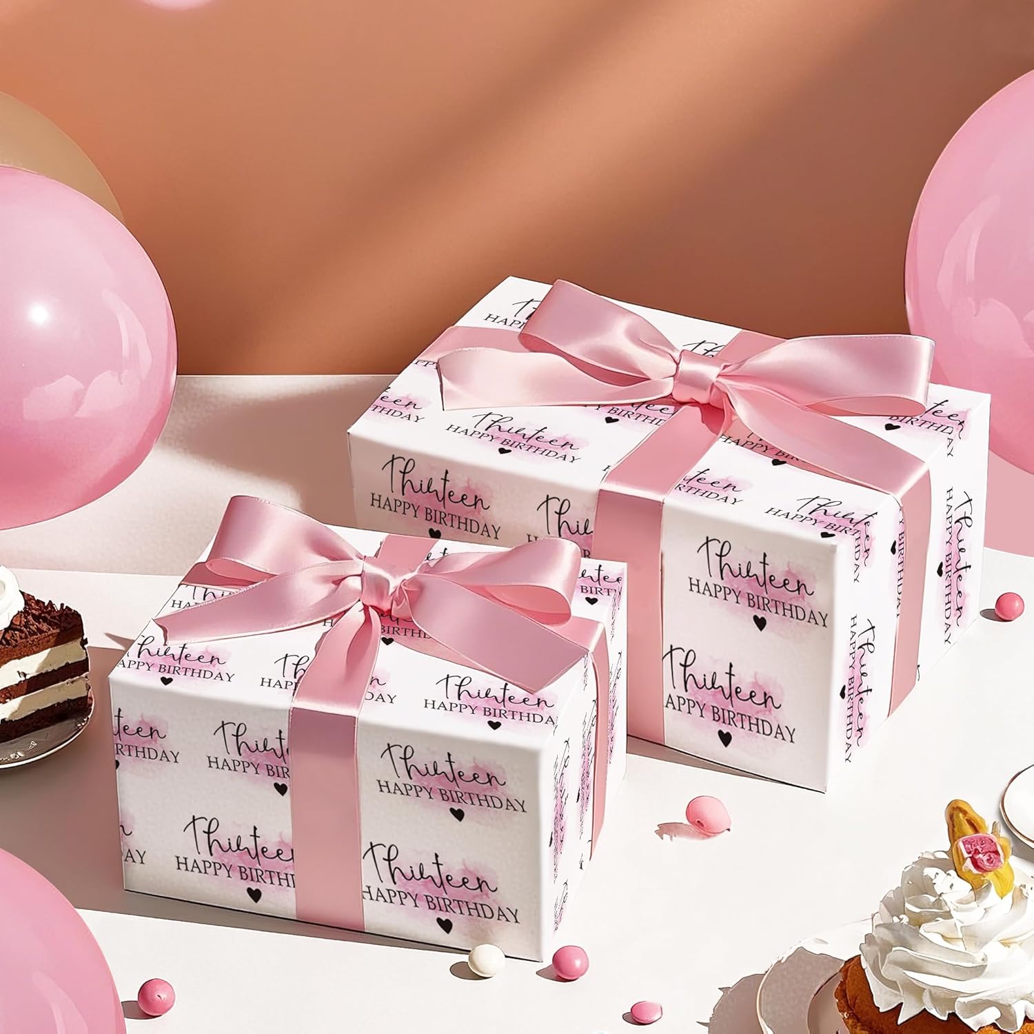 13Th Birthday Wrapping Paper Roll - Mini Roll - 17 Inch X 16.5 Feet - Blusher And Thirteen Happy Birthday Wrapping Paper For Girls Bday, Baby Shower, Party