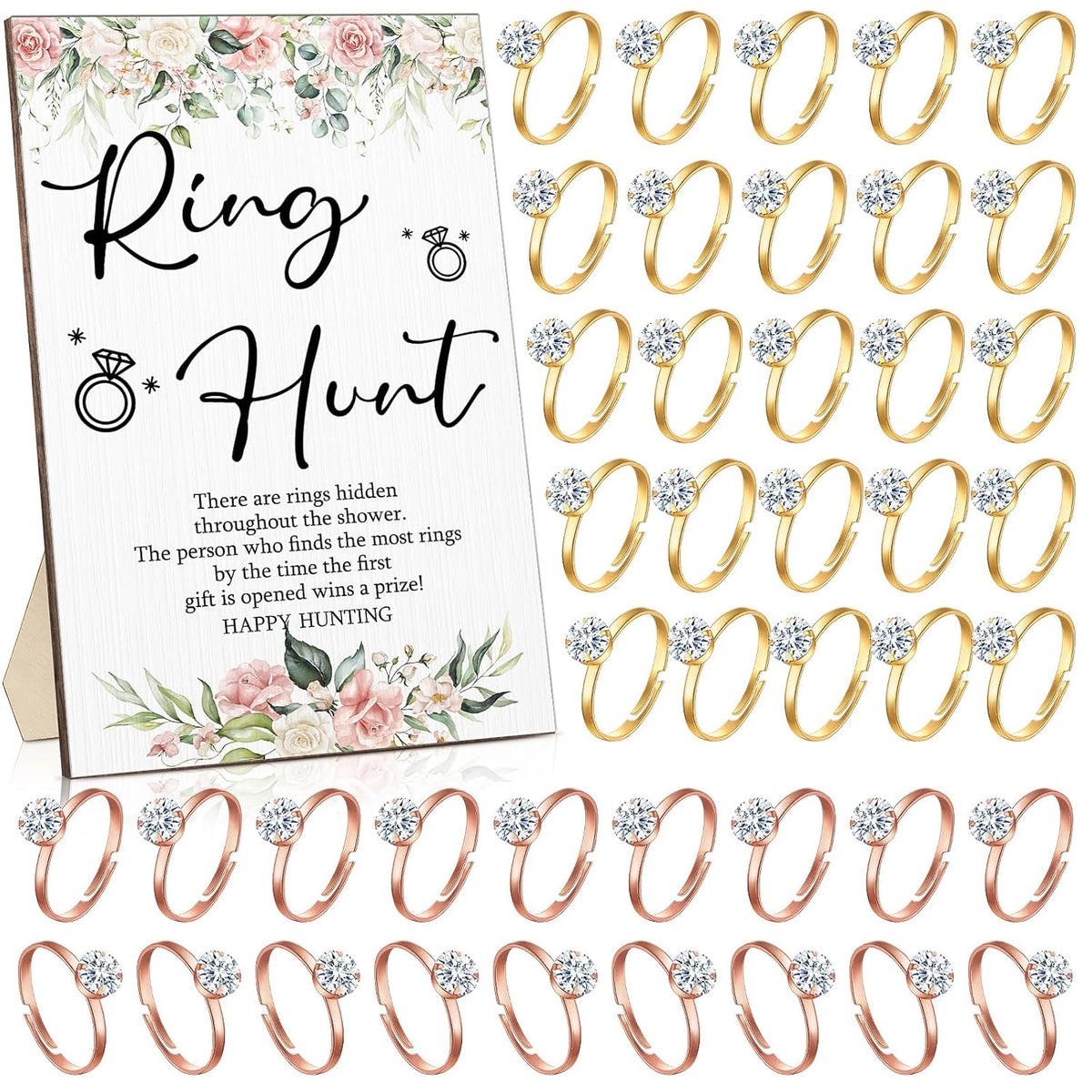 Bridal Shower Games With Rings Funny Hunt Games Sign Wooden Game Sign And 100 Mini Plastic Fake Rings With Diamond For Bride Shower Game Wedding Winner Gifts Party Favors(Flower)