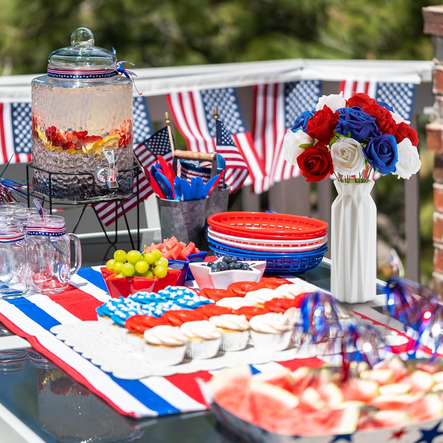 American Flag Artificial Flowers Box, Patriotic Decorations, Red White & Blue Fake Roses For July 4Th, Memorial, Veterans, Labor, Election Day Decorations, Cemetery Flowers, Table Centerpiece