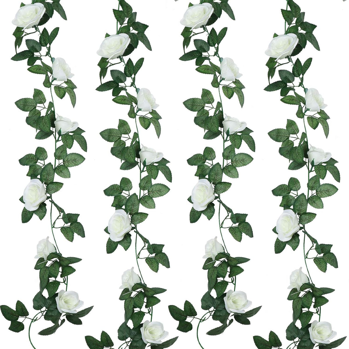 Artificial Rose Garlands Rose Vines Leaves Banners Hanging Fake Floral Garland Flower Vine For Wedding Arch Ceremony Home Garden Outdoor Party Wall Decorations, 14.4 Ft(White,2 Pieces)