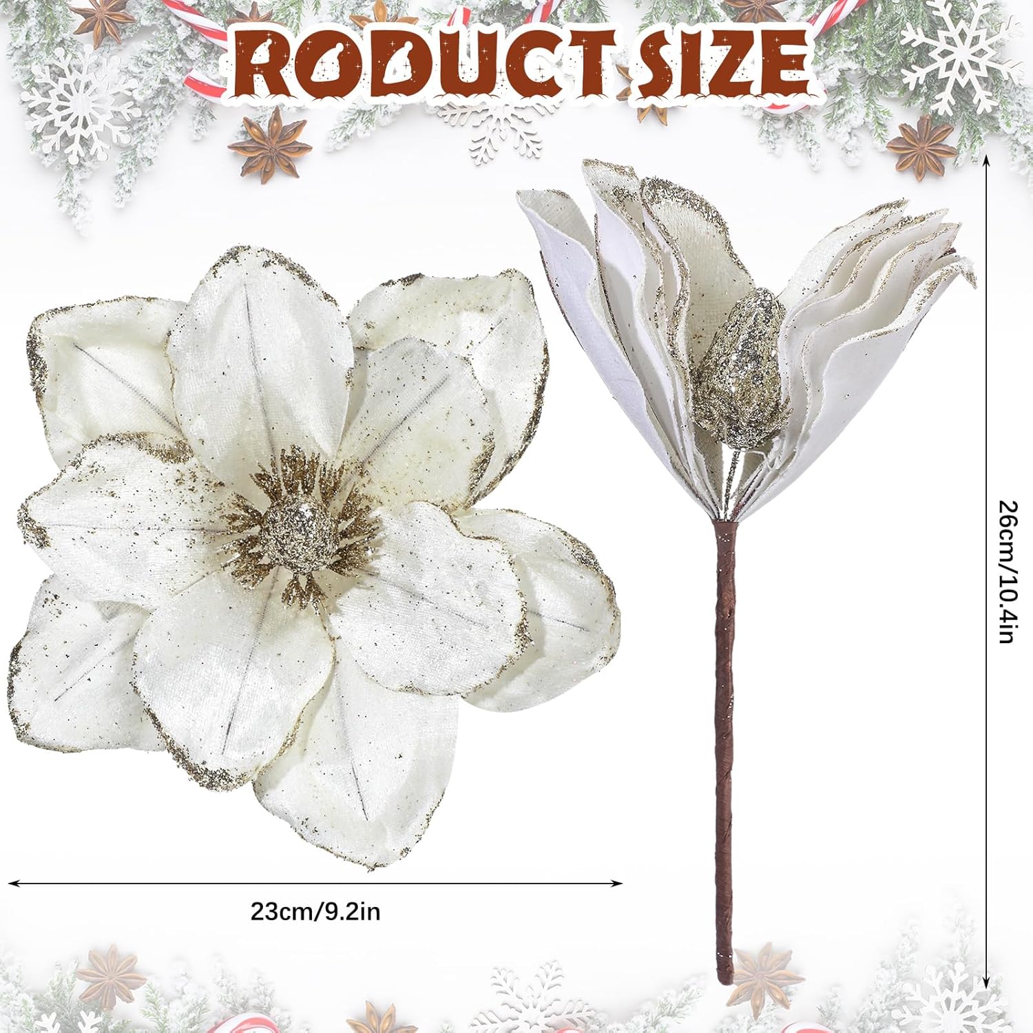 15 Pcs Christmas Magnolia Flowers Tree Ornaments Velvet Poinsettia Burgundy Artificial Light Brown Dark Green Beige Glitter Floral Picks Stems For Tree Xmas Centerpiece Decoration Wedding