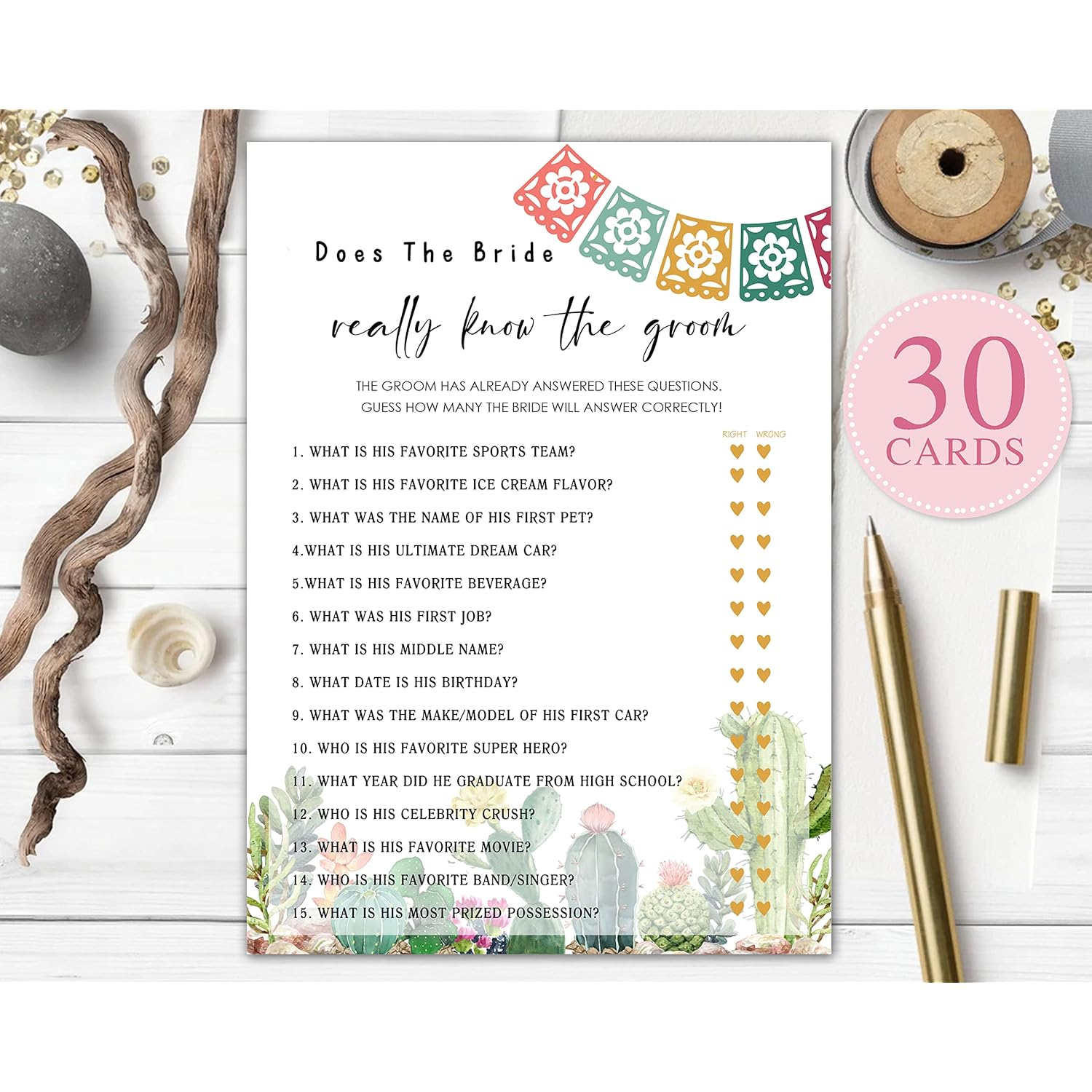 Bridal Shower Games, Fiesta Mexican Bridal Shower Decorations, Bride Know The Groom Cards For Bridal Shower Bachelorette Party, Wedding Engagement Party, Set Of 30 Game Cards (A05)