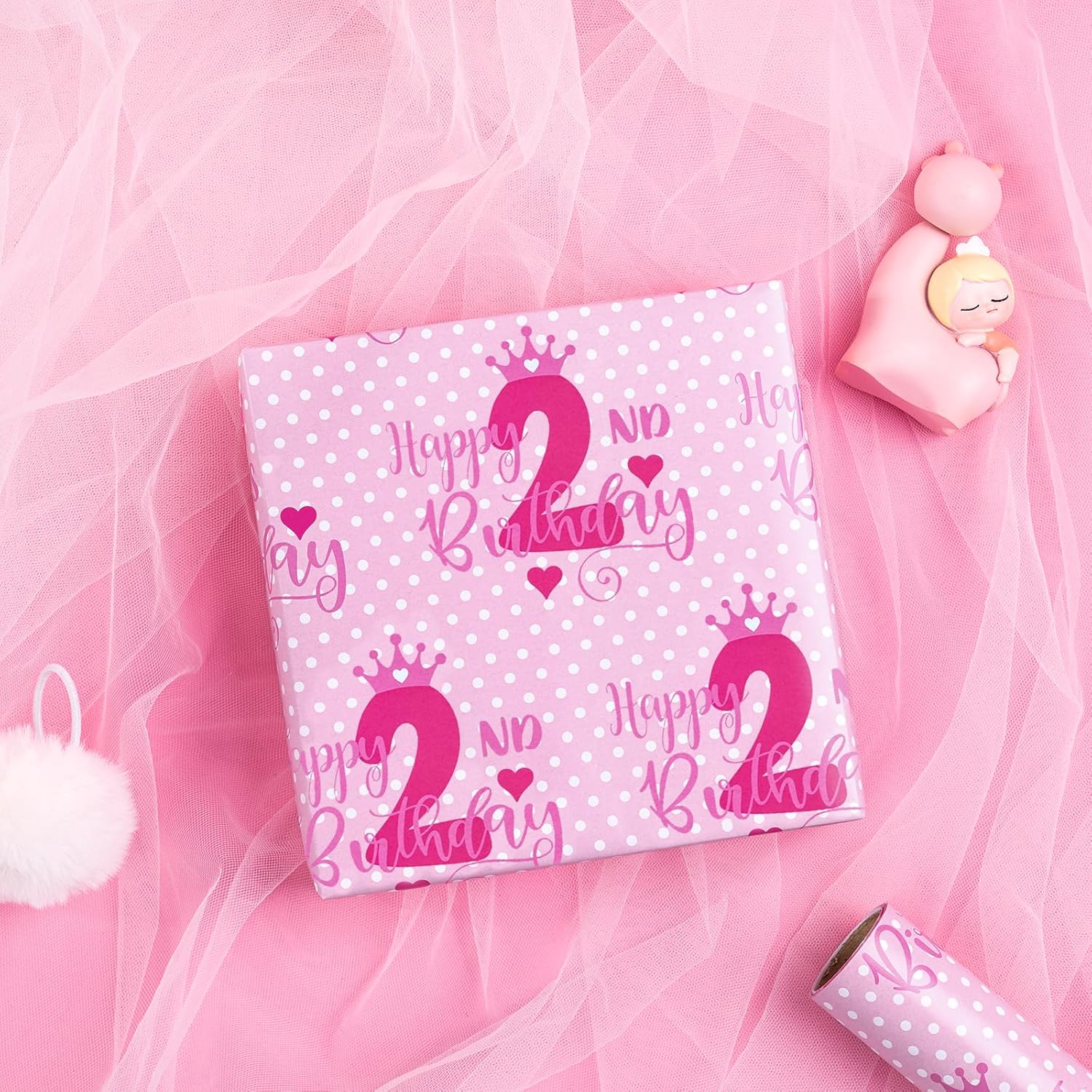 2Nd Birthday Wrapping Paper For Girl, Mini Roll, Crown And Happy 2Nd Birthday Dots Design, 2 Years Old, 17 Inches X 16.4 Feet, Perfect For Girls' Birthday Party Gifts