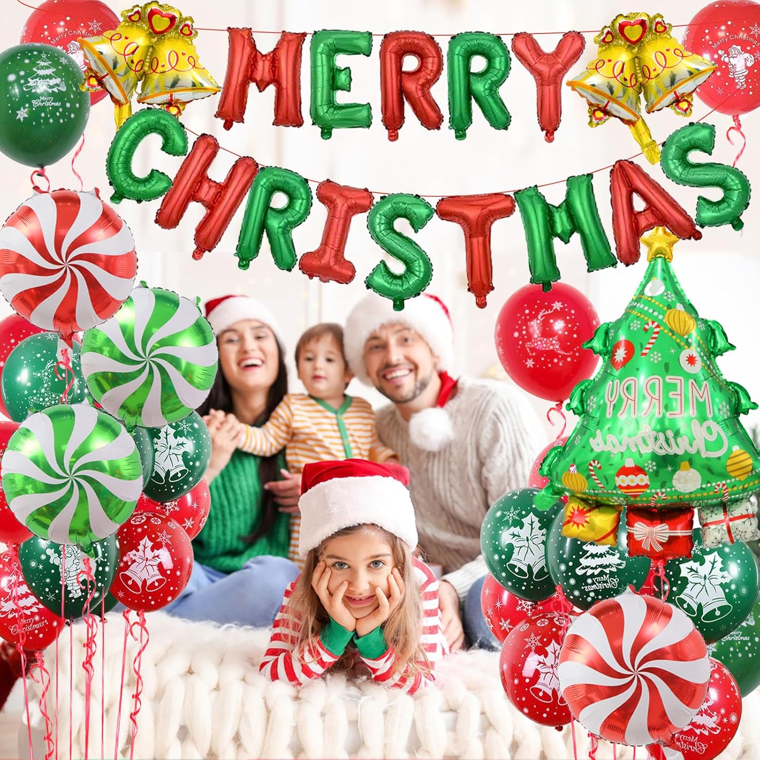 Christmas Decorations, Merry Christmas Banner Balloons With Candy Small Bell Balloons, Tree Balloon For Outdoor Decorations Indoor