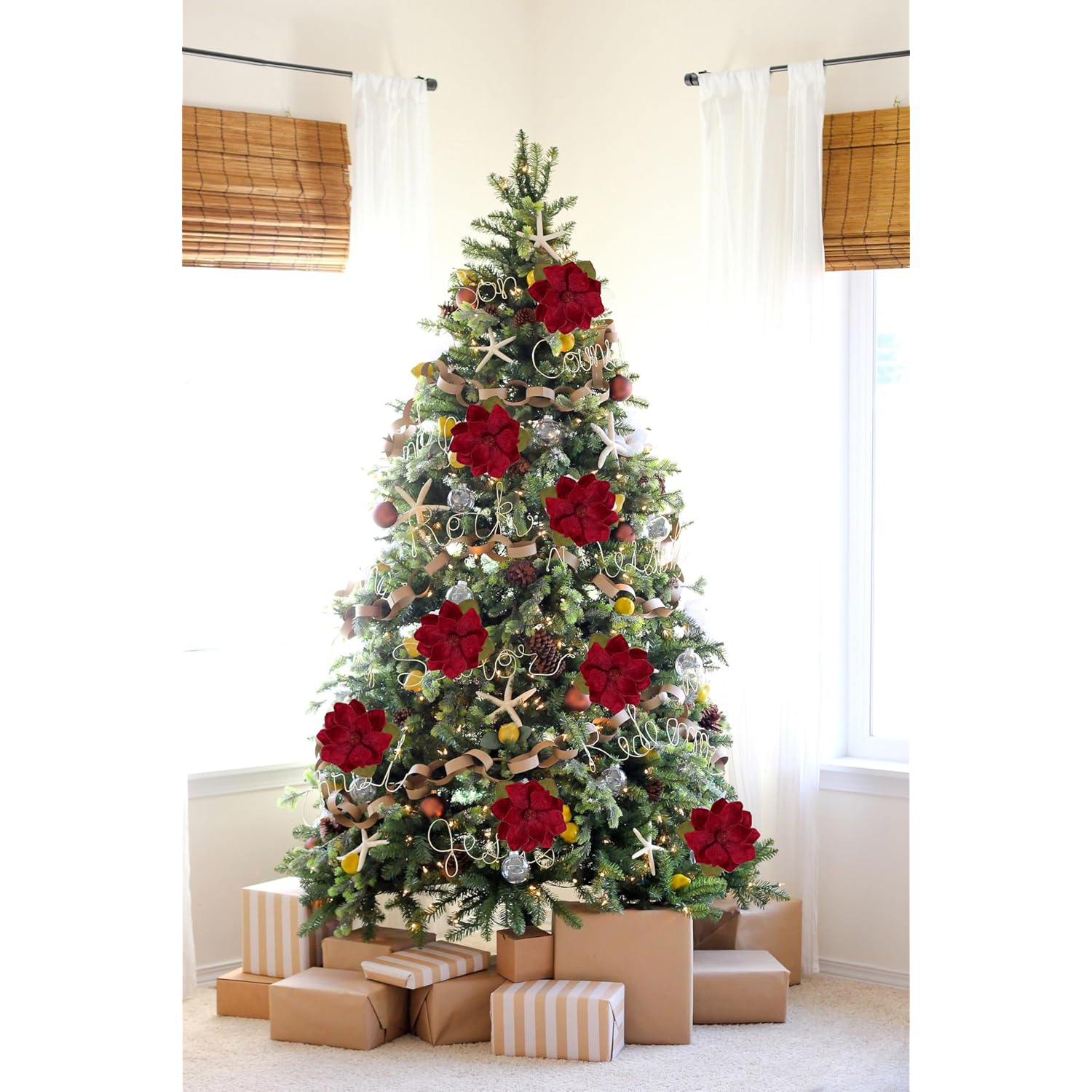 Set Of 3 Artificial Christmas Magnolias Flowers – 30’’ Long Stem Faux Magnolia Stems For Tree Ornaments, Holiday Centerpieces & Christmas Decor,Dark Red