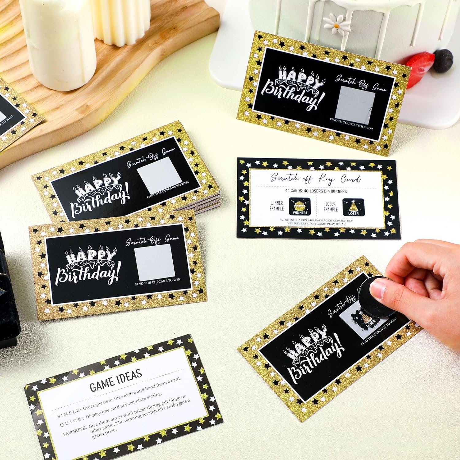 45 Pcs Happy Birthday Party Game Scratch Off Cards Birthday Games Tickets Including 4 Winner 40 Loser 1 Instruction Cards For Adults Birth Party Favors, 4.72 X 2.76 Inches