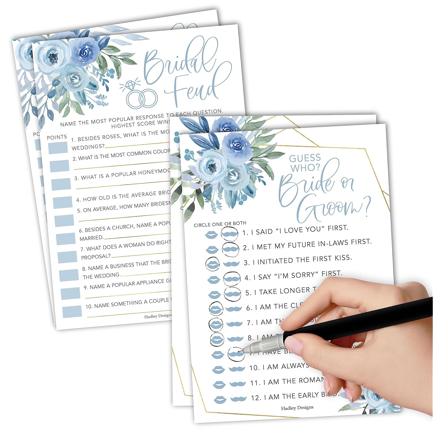 Blue Floral Bridal Shower Games For 20 Guests, Fun & Classy Wedding Engagement Party Something Blue Before I Do Bridal Shower Games Set