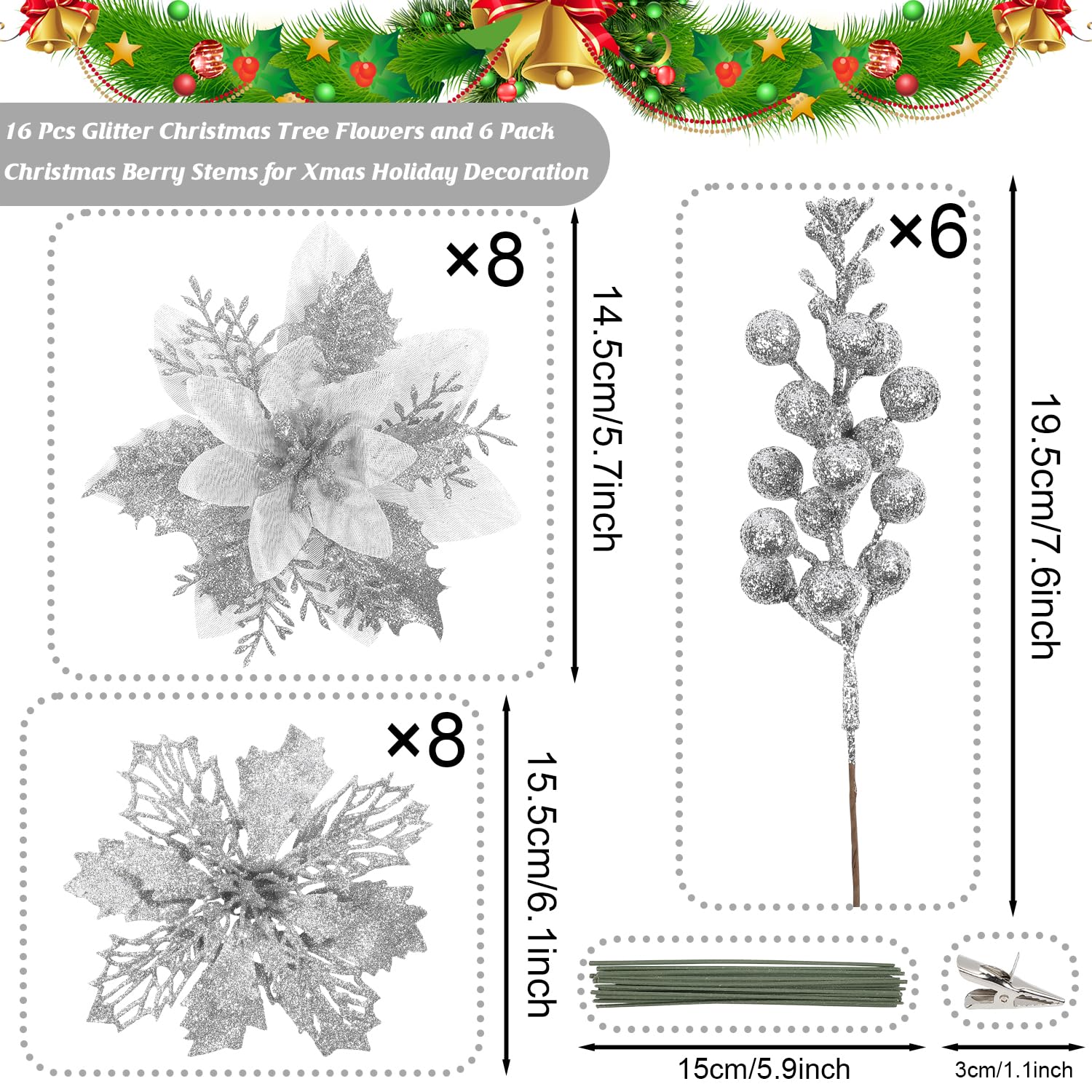 22 Pcs Silver Christmas Poinsettia Artificial Flowers And Glitter Berries Stems Kit, Christmas Poinsettias Decorations And Christmas Tree Ornaments For Xmas Home Wedding Holiday Tree Decor