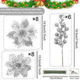 22 Pcs Silver Christmas Poinsettia Artificial Flowers And Glitter Berries Stems Kit, Christmas Poinsettias Decorations And Christmas Tree Ornaments For Xmas Home Wedding Holiday Tree Decor