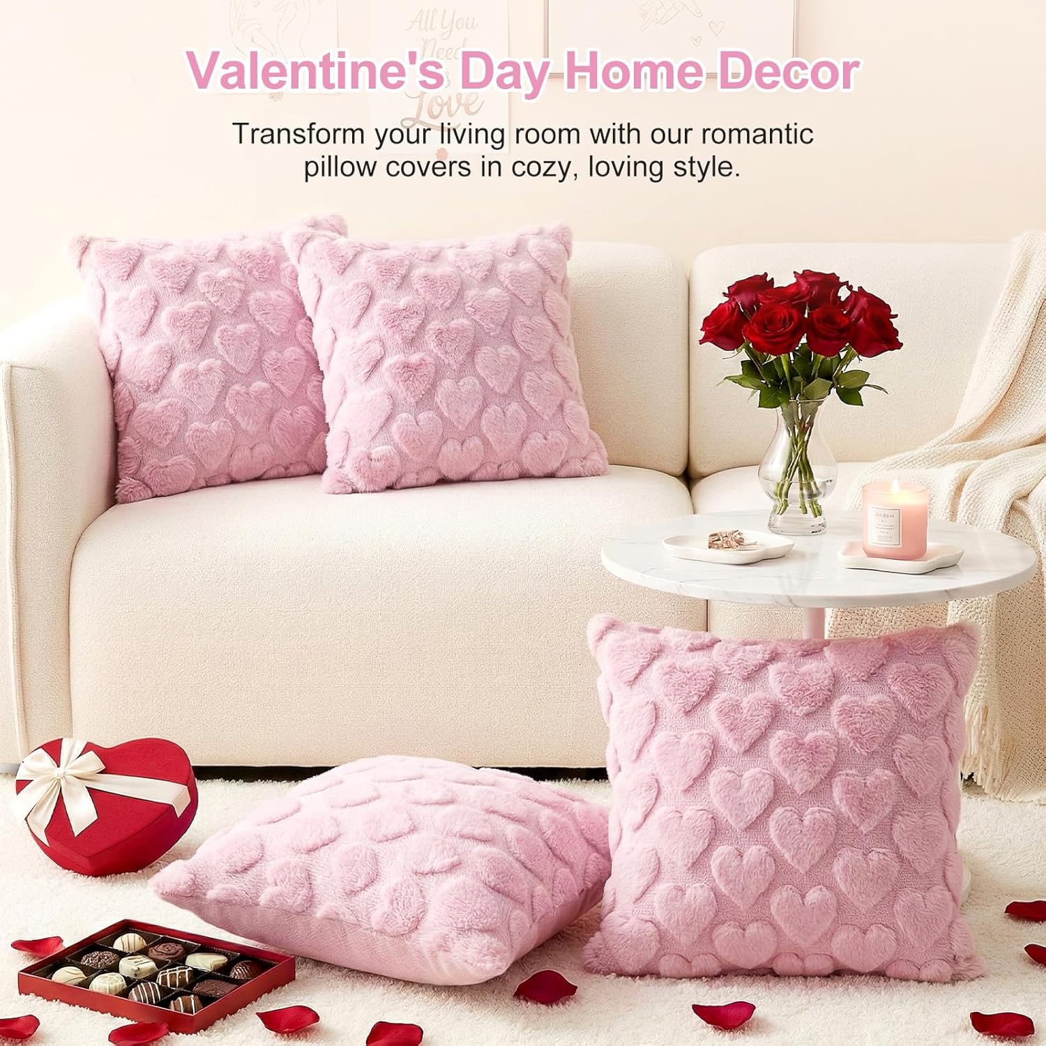 Valentines Pillow Covers 18X18 Inch Set Of 2, Valentines Day Decorations Pink Soft Plush Faux Fur Jacquard Heart Throw Pillow Covers For Couch Sofa Home Office Living Room Bedroom Decor (Pink)