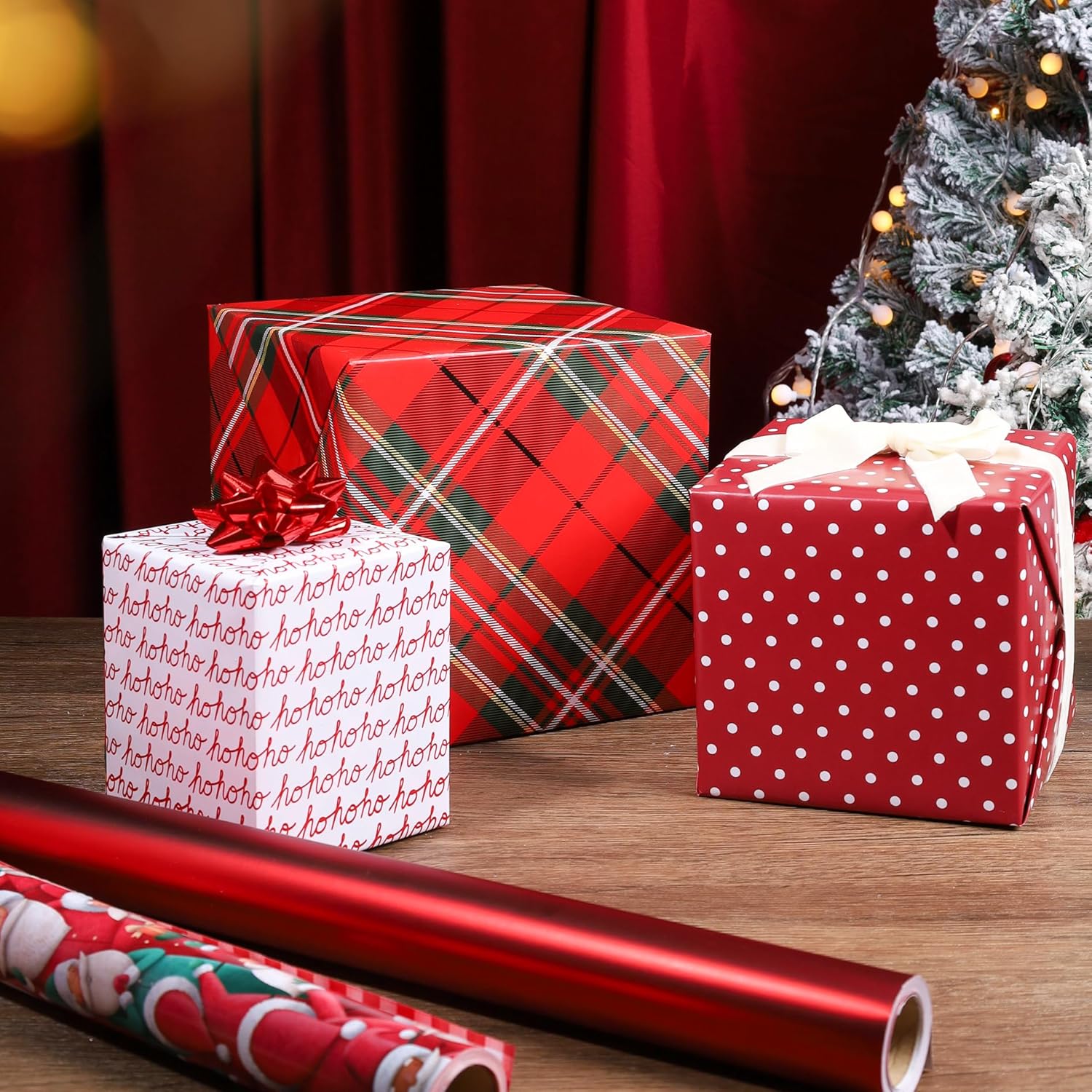 Reversible Christmas Wrapping Paper - 17 Inch X 33 Feet (46.7 Sq. Ft. Ttl.) - Red Tartan Plaid And Hoho Design Perfect For Xmas, Party, Holiday Gift Wrap