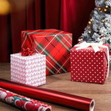 Reversible Christmas Wrapping Paper - 17 Inch X 33 Feet (46.7 Sq. Ft. Ttl.) - Red Tartan Plaid And Hoho Design Perfect For Xmas, Party, Holiday Gift Wrap