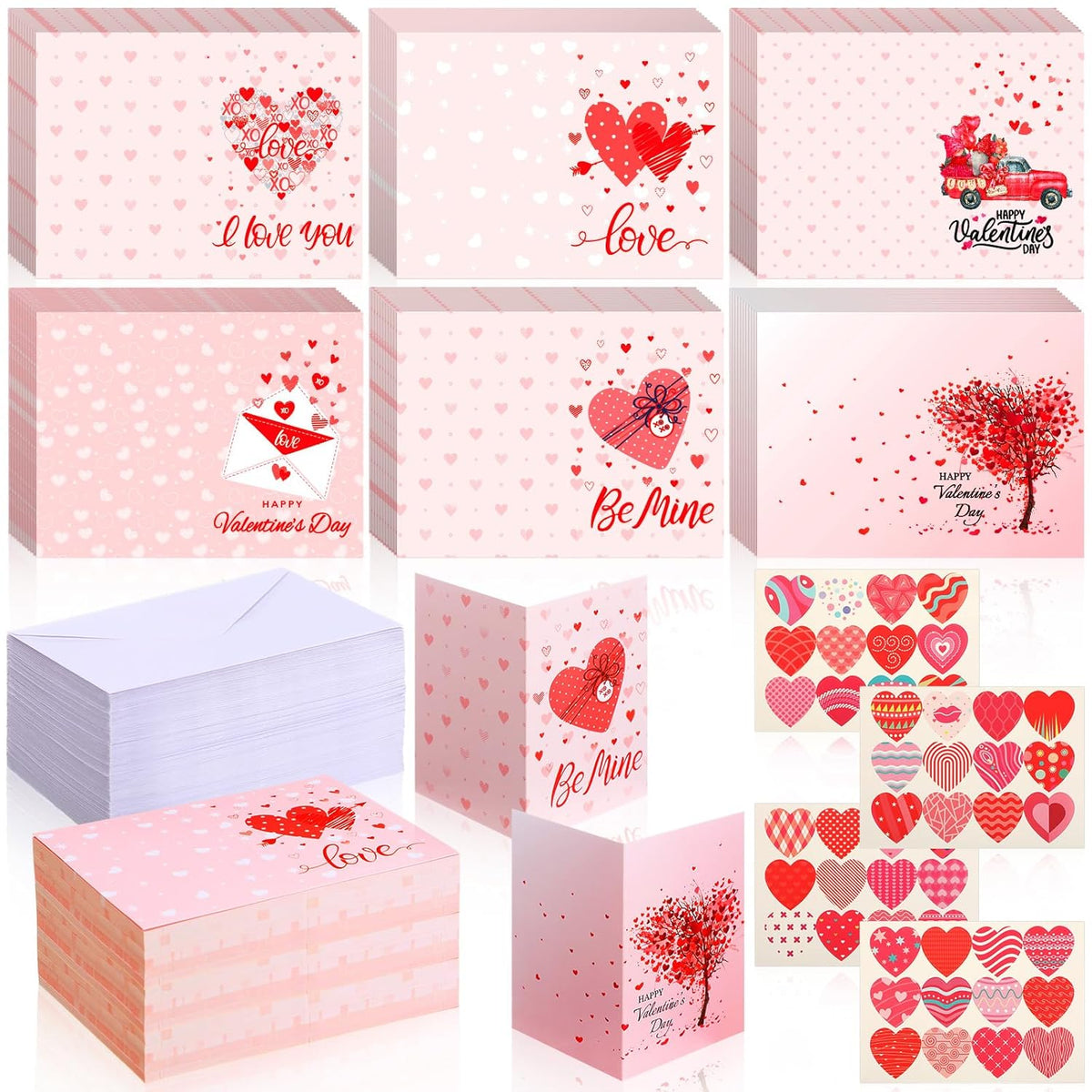150 Sets Valentine'S Day Cards Bulk With Envelopes 16 Sheets Stickers 4 X 6'' Foldable Love Heart Blank Valentine Greeting Cards Pink For Women Adults Happy Valentines Gift Wedding Anniversary