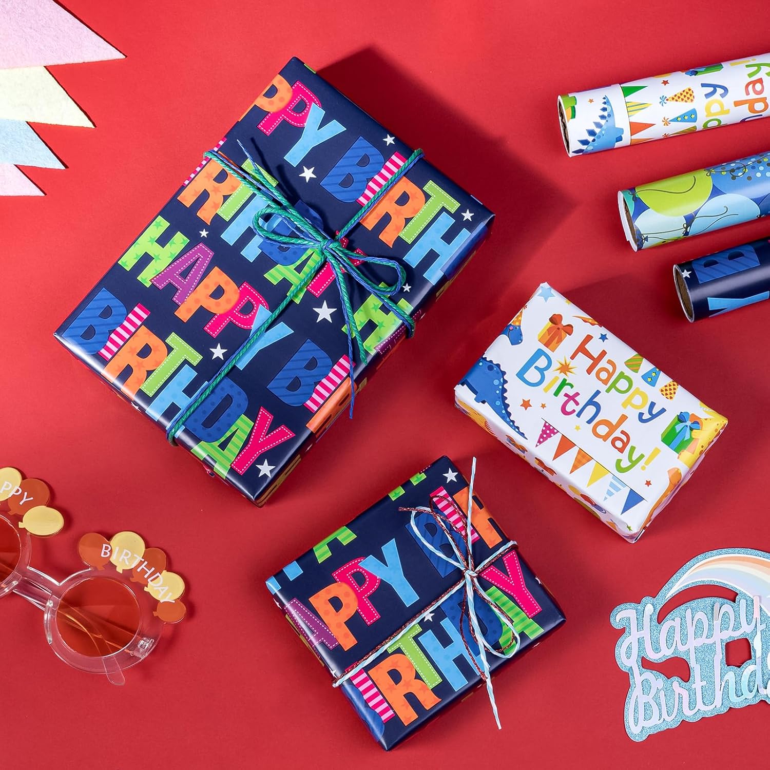 Dinosaur Birthday Wrapping Paper Roll - Mini Roll - 3 Rolls - 17 Inch X 120 Inch Per Roll - Happy Bday Wrapping Paper For Kids Boys Birthday, Baby Shower, Dinosaur Lover