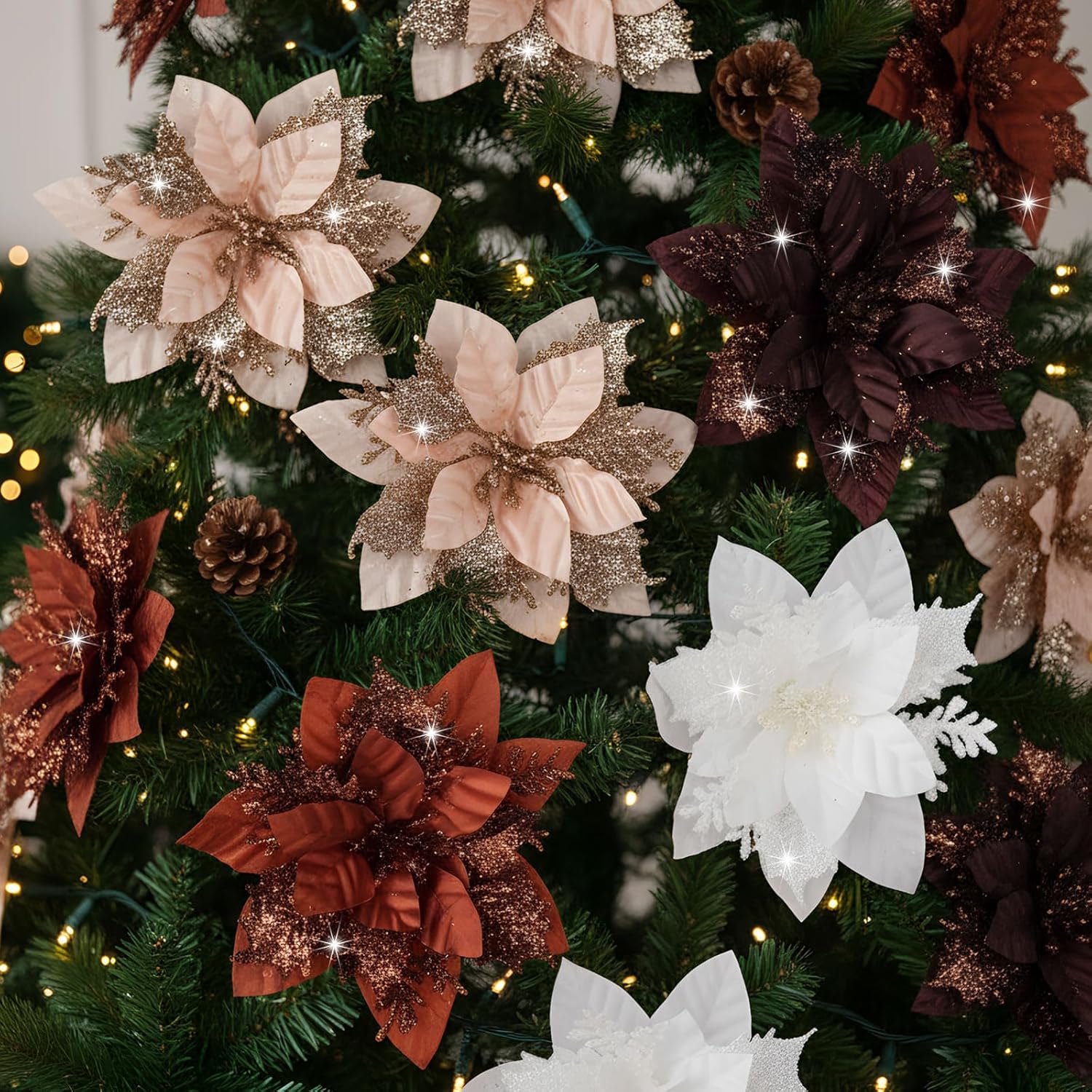 24 Pcs Brown Christmas Poinsettia Flower Decorations 5.5" Glitter Poinsettia Artificial Flowers Picks Christmas Tree Ornaments For Diy Xmas Holiday Wreaths Garland Decoration