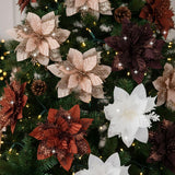 24 Pcs Brown Christmas Poinsettia Flower Decorations 5.5" Glitter Poinsettia Artificial Flowers Picks Christmas Tree Ornaments For Diy Xmas Holiday Wreaths Garland Decoration