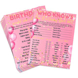 30 Pcs Who Knows The Birthday Girl Best Game Cards, 6.1 × 4.9 Inch Double-Sided Birthday Party Games, Pink Girls Card Birthday Party Supplies And Fun Activities