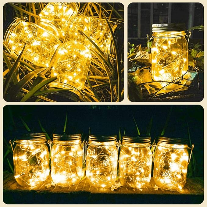 8 Pack Solar Mason Jar Lights 20 LED Waterproof Fairy String Lights with Hangers Warm White Outdoor Garden Patio Wedding Yard Decor No Jars Included Updated Design