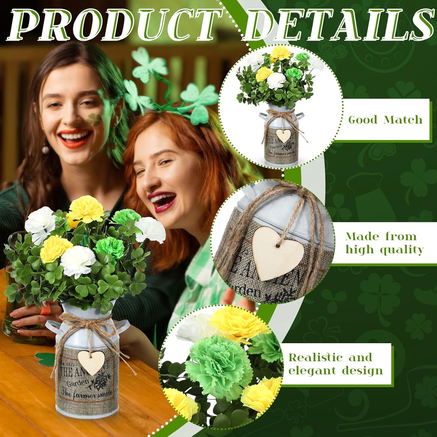 St. Patrick'S Day Flower With Vase Shamrock Centerpiece Table Decorations Artificial Carnation Clover Branches Picks Green Floral Arrangements Stems For Farmhouse Home Indoor Office Decor