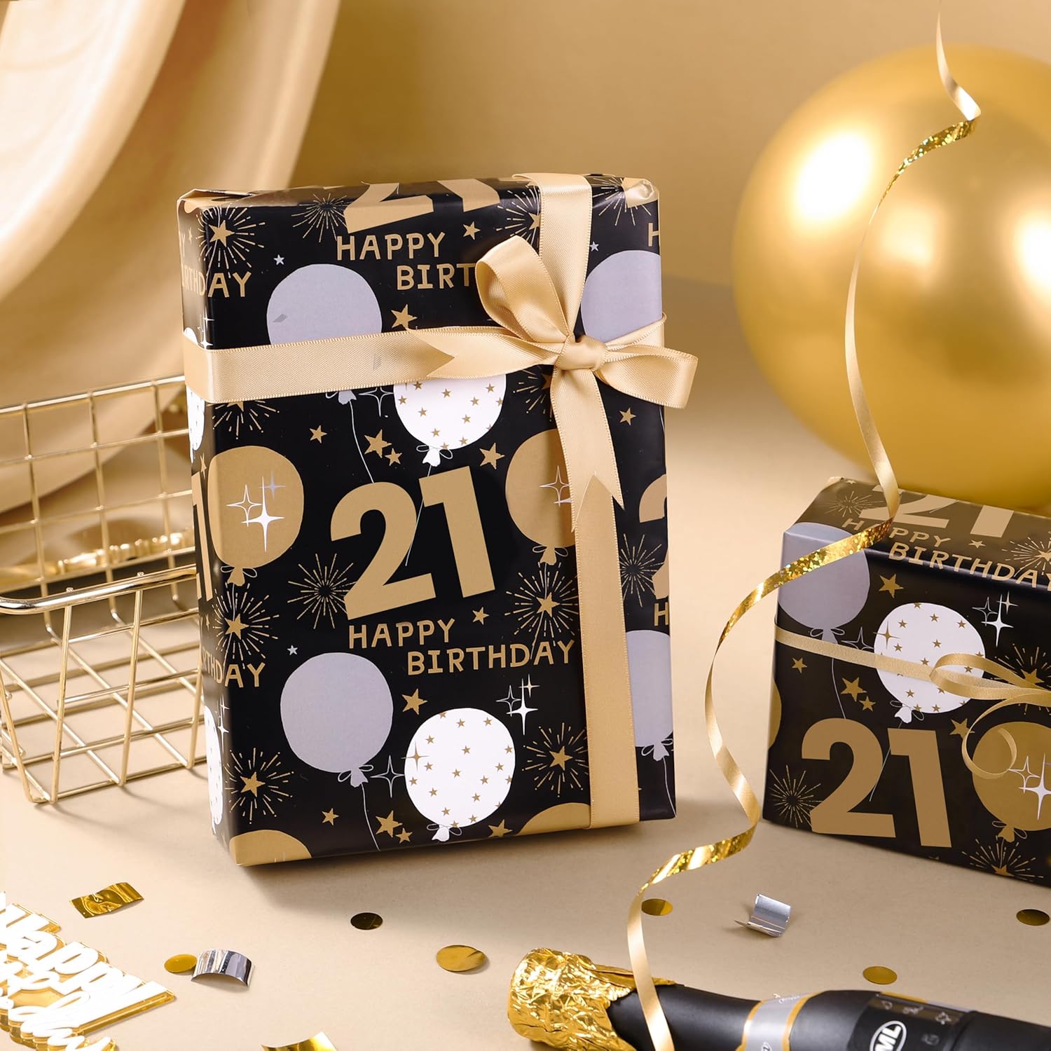 21St Birthday Wrapping Paper - Mini Roll - 17 Inch X 33 Feet - Black Gold Balloon Design For Birthday, Party, Holiday