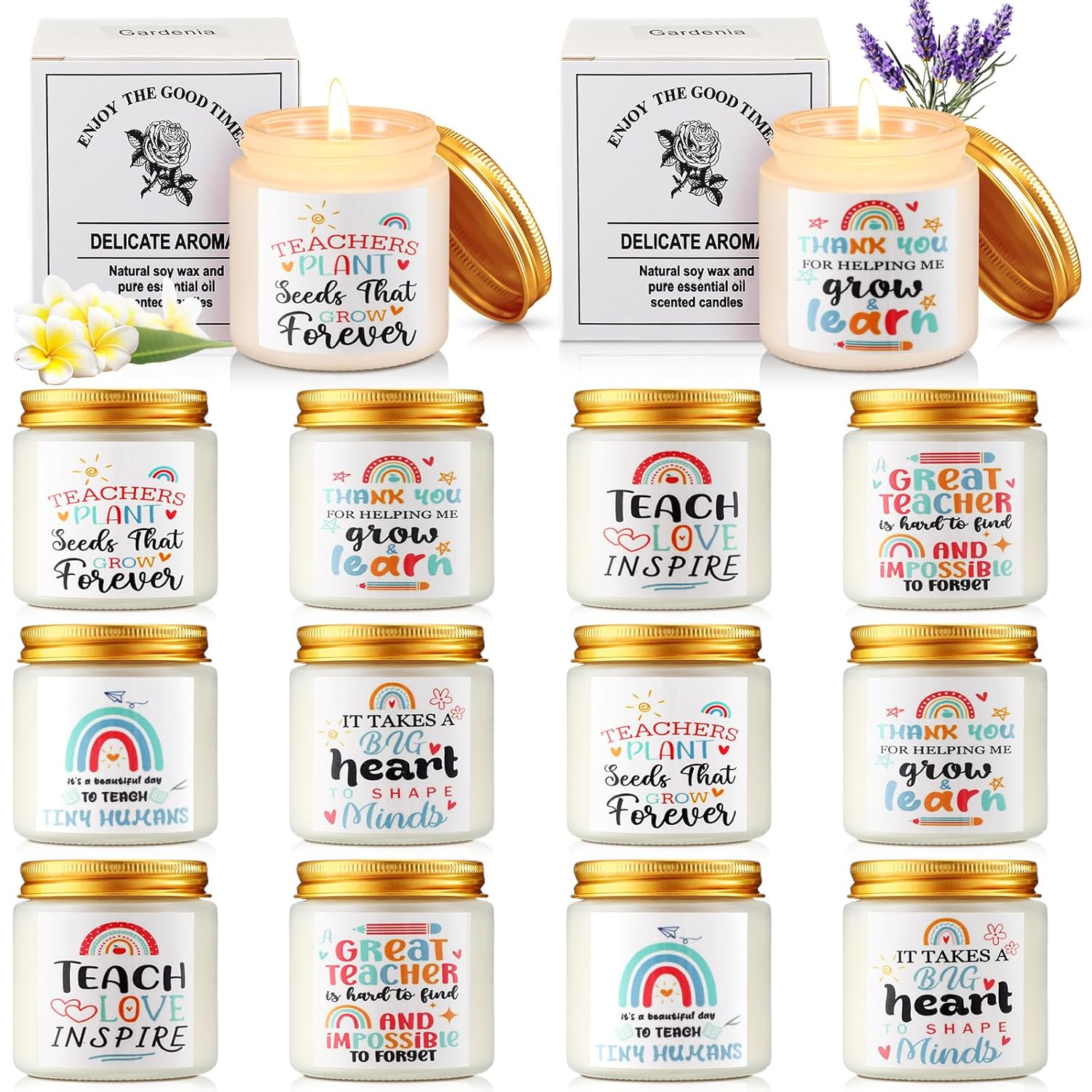 12 Pcs Teacher Appreciation Gift For Graduation End Of The Year, 3. 5Oz Scented Soy Wax Fragrance Thank You Candle Gift Aromatherapy Jar Inspirational Candle, 12 Style(Rainbow, White)