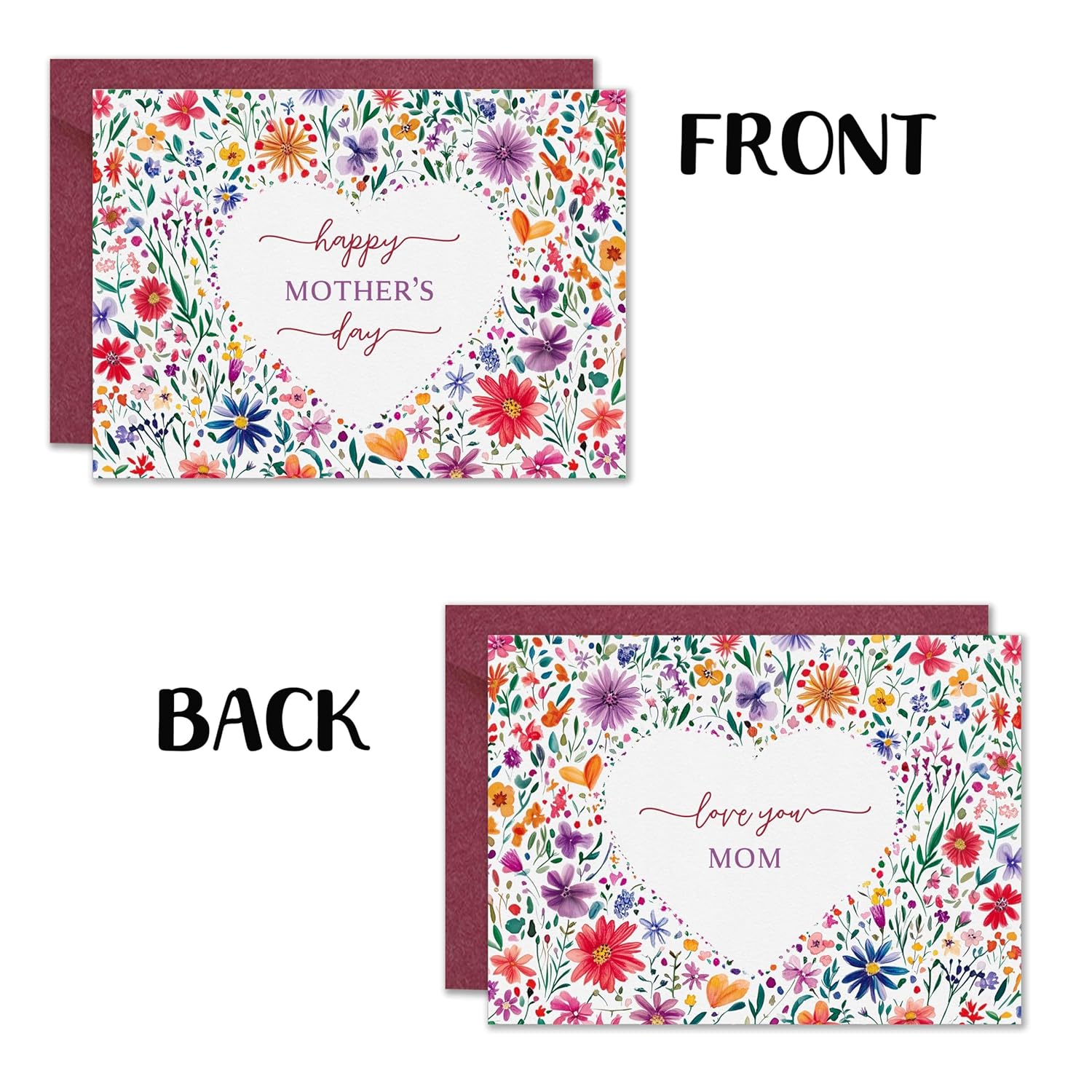Floral Mother’S Day & Birthday Card For Mum | Elegant Wildflower Design | Includes Burgundy Envelope | Blank Inside For Personal Message | Perfect For Mum, Grandma, Or Any Special Woman (Heart Mother'S Day)