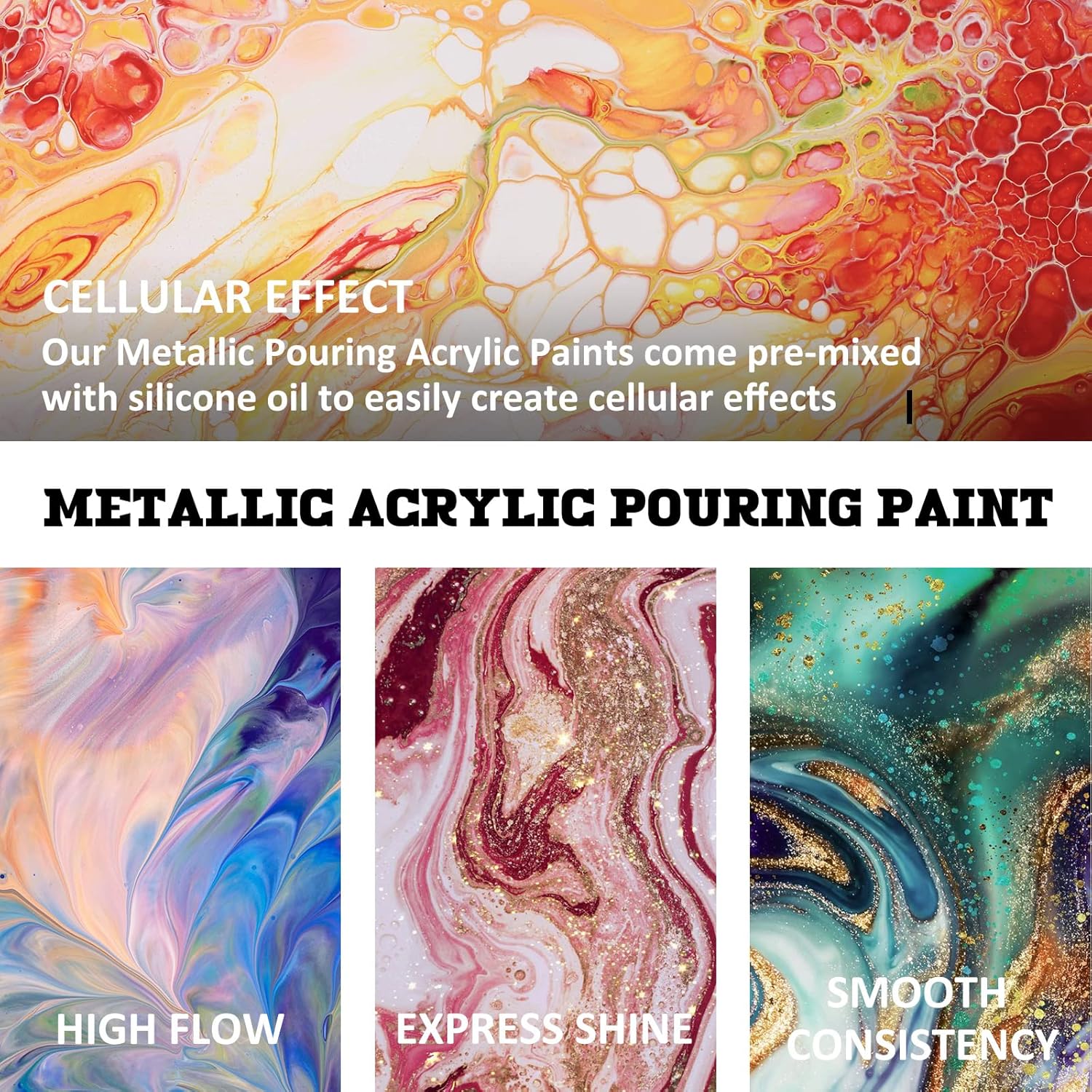 Metallic Acrylic Pouring Paint Set - Set Of 18 Metallic Colors - Pre-Mixed High Flow & Ready To Pour - 2 Oz./ 59 Ml Bottles - Multi-Purpose Paints For Canvas & Paper, Rocks, Wood And More