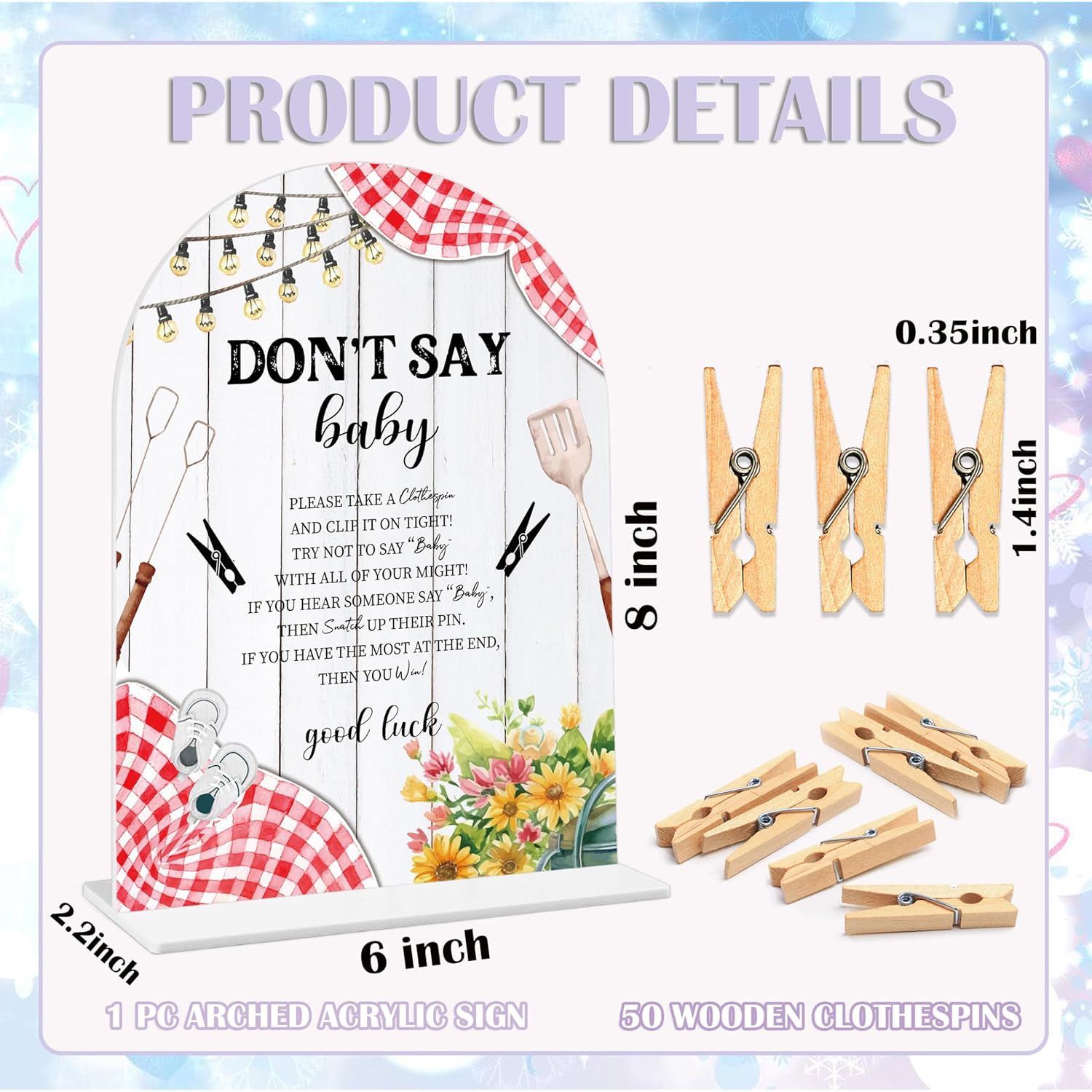 Baby Shower Games - Bbq Don'T Say Baby Clothespin Game, 1 Arch Acrylic Sign And 50 Mini Clothespins, Gender Reveal Game, Backyard Baby Shower Decoration Supplies (Gxb06)
