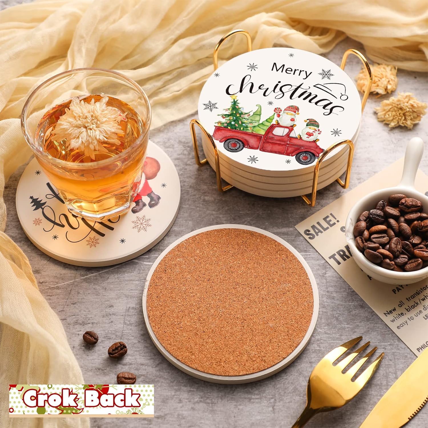6 Pcs Valentine‘S Day Coasters Funny Bar Ceramic Drink Coasters Round Absorbent Coasters With Holder For Drinks Tabletop Protection Housewarming Birthday Mugs Cups Coffee Bar(Christmas)