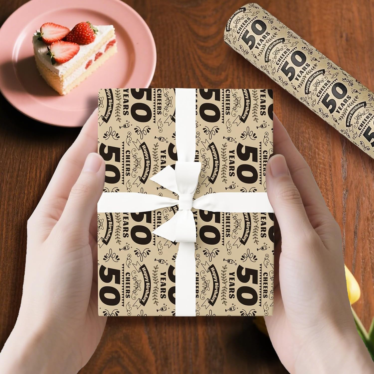 50Th Birthday Wrapping Paper Roll - 50 Year Old Happy Birthday Gift Wrapping Paper For Women Men 1975 Kraft Wrapping Paper With Cutting Line?17Inch X 49.2Ft?