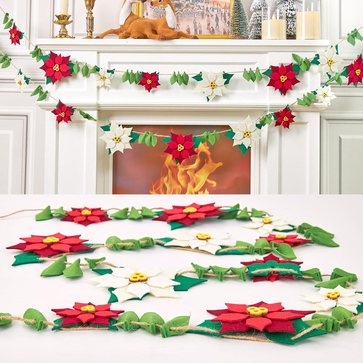 Christmas Poinsettia Garland With White Red Artificial Flowers,11.4Ft Velvet Artificial Poinsettia Garland,Christmas Decorations With Holly Leaves For Fireplace Door Wall Window Tree Yard.