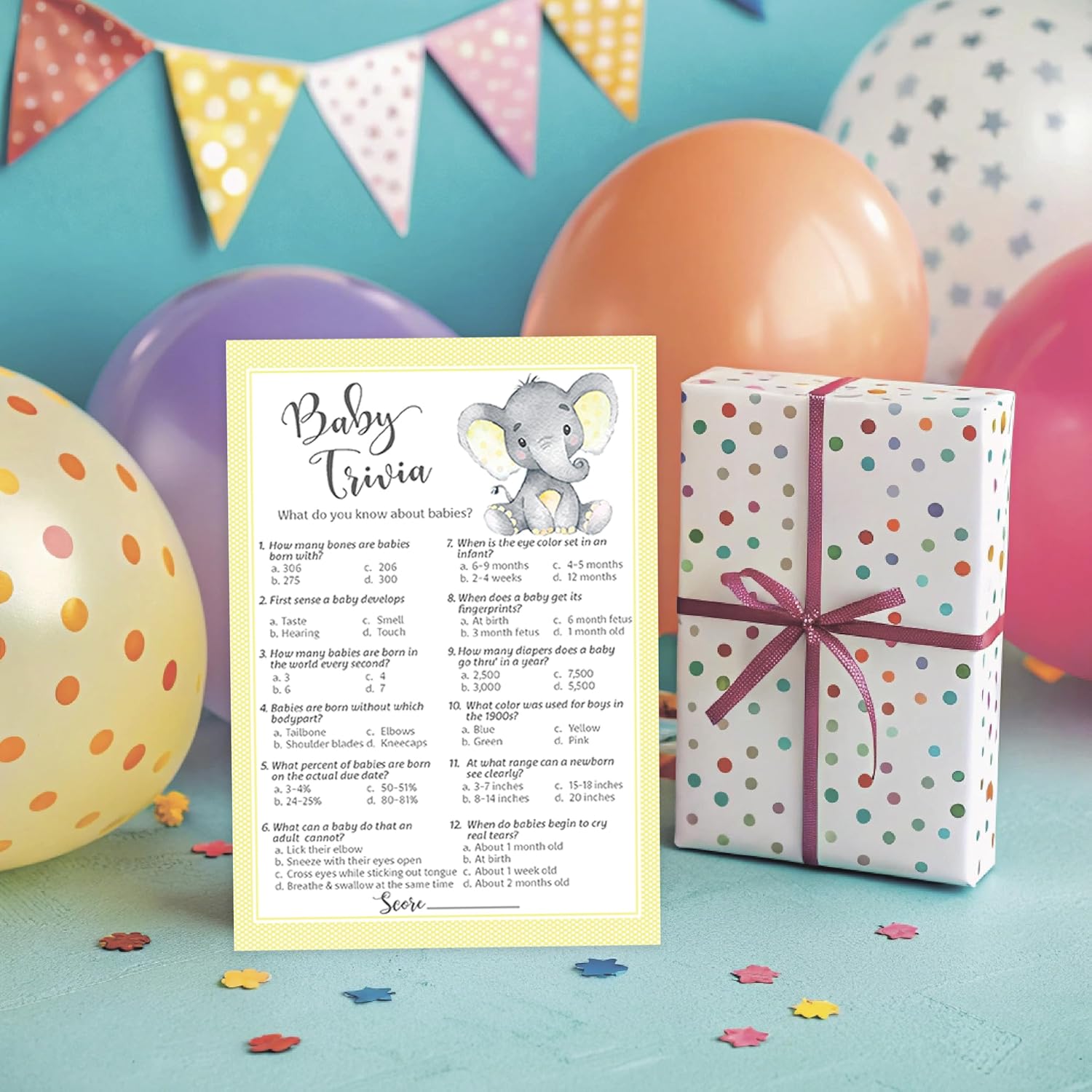 Gender Neutral Baby Shower Games — Baby Trivia Game — Pack Of 25 — Yellow Elephant Little Peanut Theme, Fun Facts Couples Shower Activity, Gender Reveal Party G521-Trv