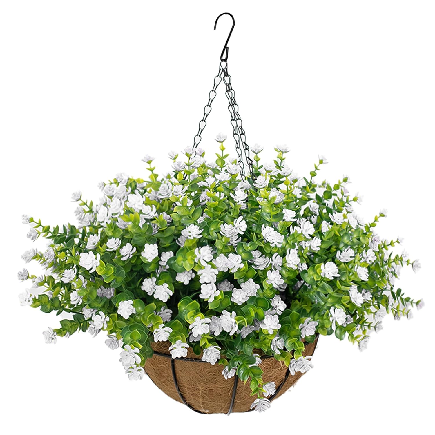 Artificial Hanging Flowers Basket For Outdoor, 16 Fake Flowers Look Real Uv Resistant, Faux Hanging Plants For Porch, Balcony, Patio, Garden, Spring Summer Decor,White