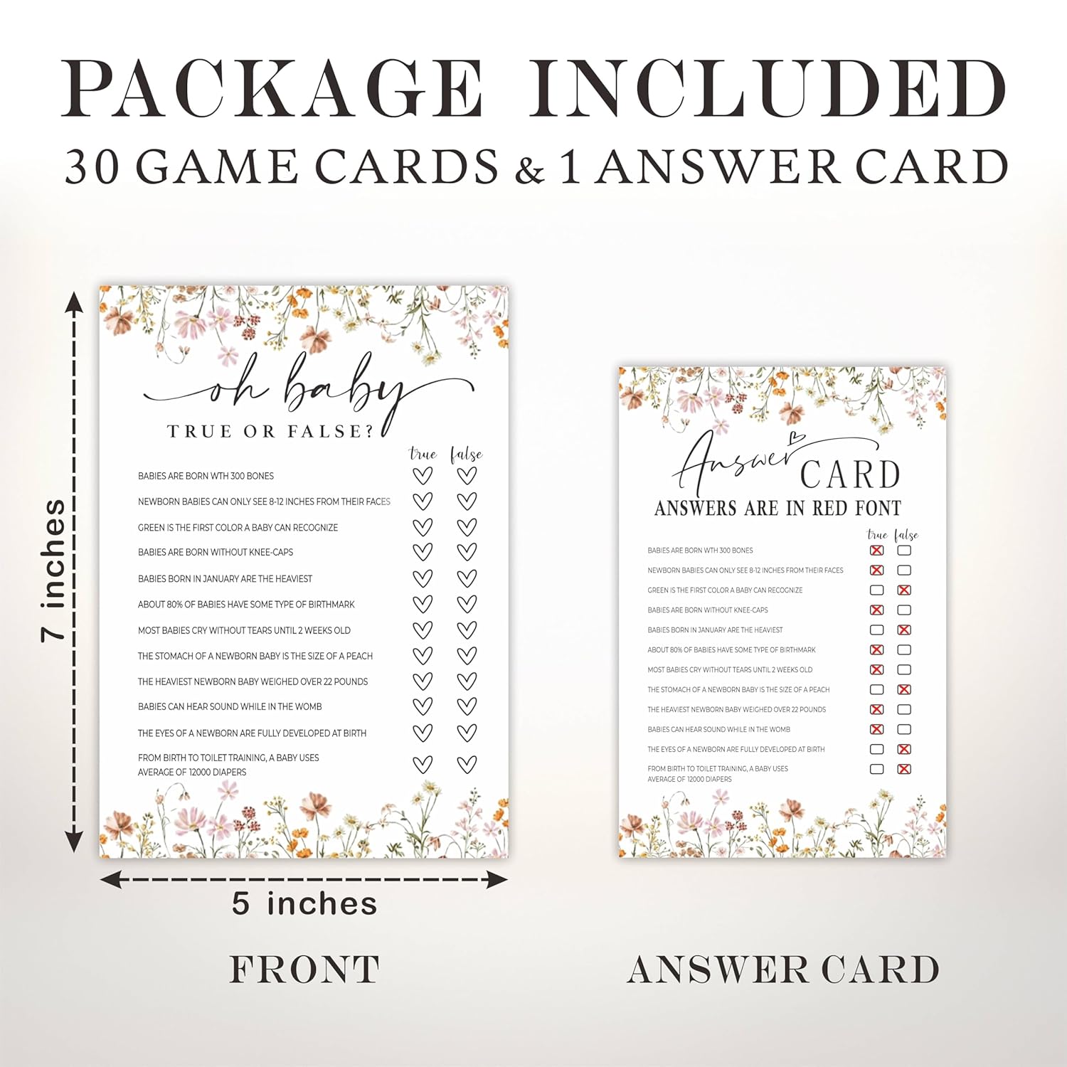 Baby Shower Game Cards,30 Double-Sided Game Cards & 1 Answer Cards, Baby Announcement, Oh Baby! Ture Or False Game Cards, Spring Flower, Gender Reveal Party Favor, Activity - C07