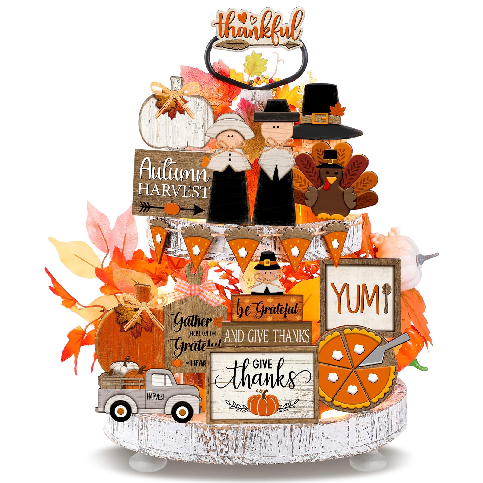 3 Pcs Thanksgiving Table Decor Wooden Turkey Pilgrim Couple