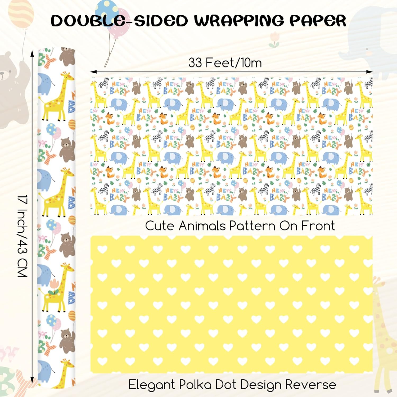 Reversible Baby Shower Wrapping Paper Roll 17 Inch X 33 Feet Gift Wrapping Paper With Animals & New Baby Design For Neutral Baby Shower, Boys Girls Newborn, 1St Birthday, Celebration