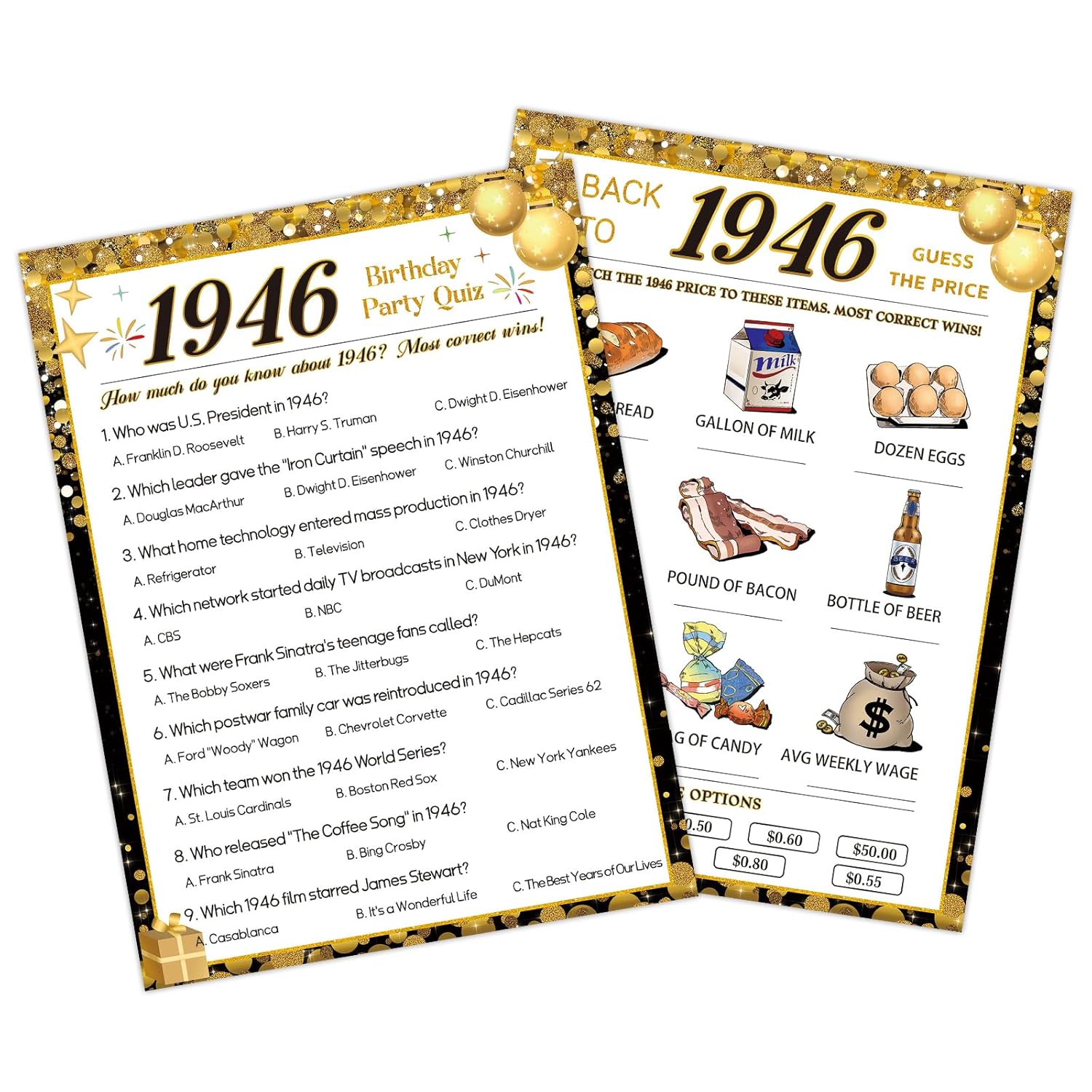 80Th Birthday Party Games, 1946 Quiz & Guess The Price Game Cards, Black Gold 80Th Birthday Party Supplies For Men Women, Pack Of 30 Cards