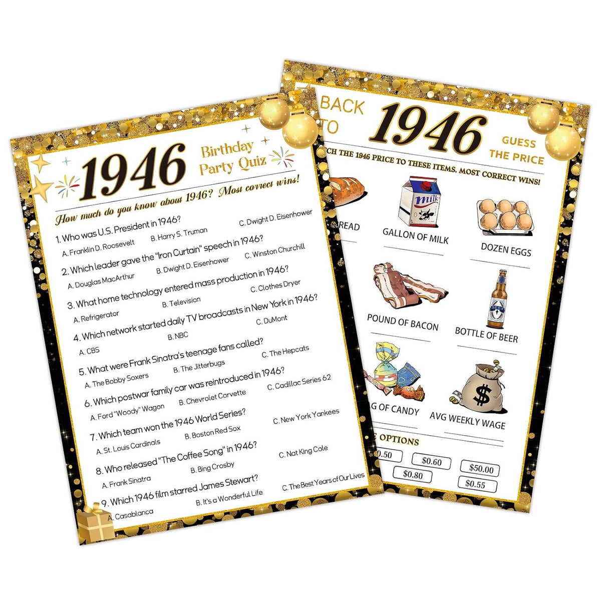 80Th Birthday Party Games, 1946 Quiz & Guess The Price Game Cards, Black Gold 80Th Birthday Party Supplies For Men Women, Pack Of 30 Cards