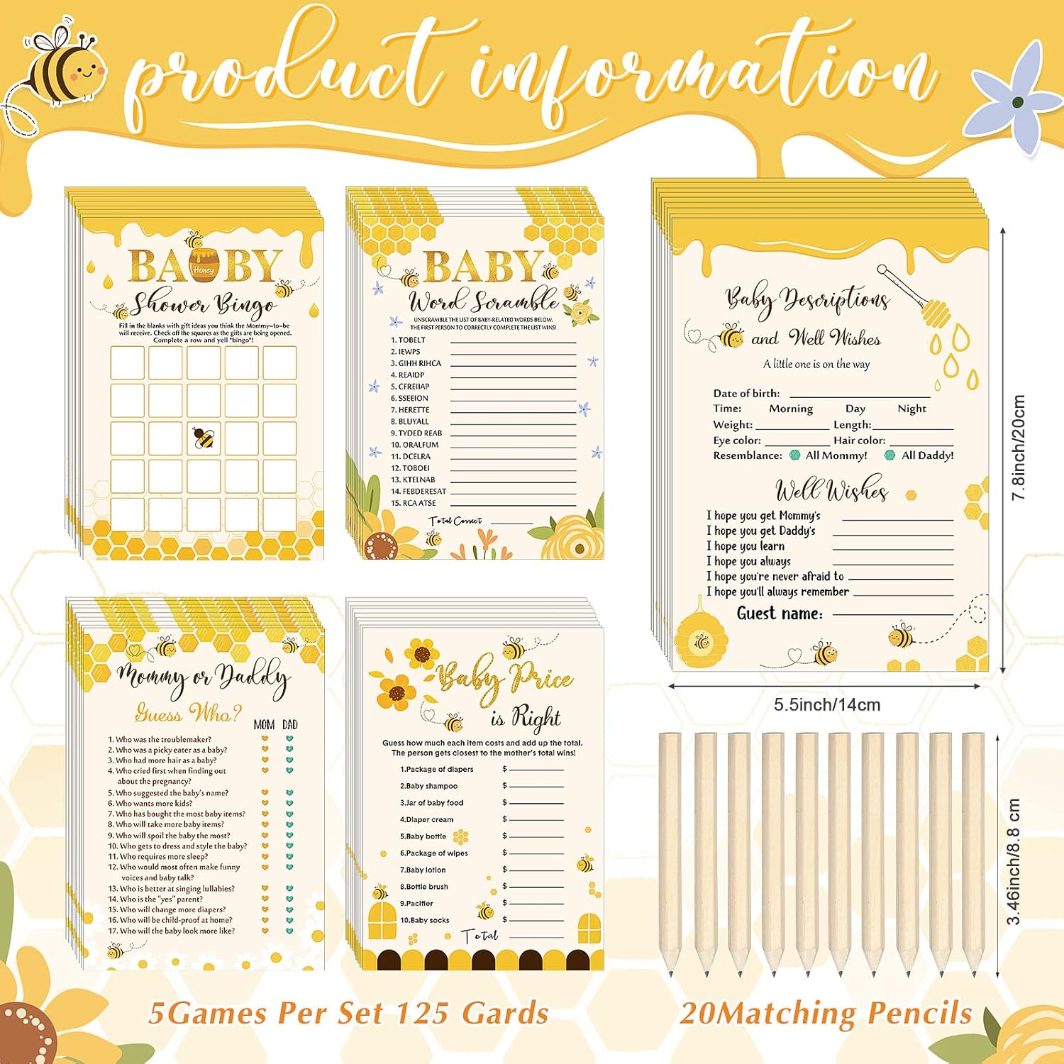 145 Pcs Bee Baby Shower Games Gender Neutral Set Includes 125 Pcs 5 Kinds Party Games 20 Pencils For Honeycomb Bee Baby Shower Decorations Favors Gender Reveal Party Supplies