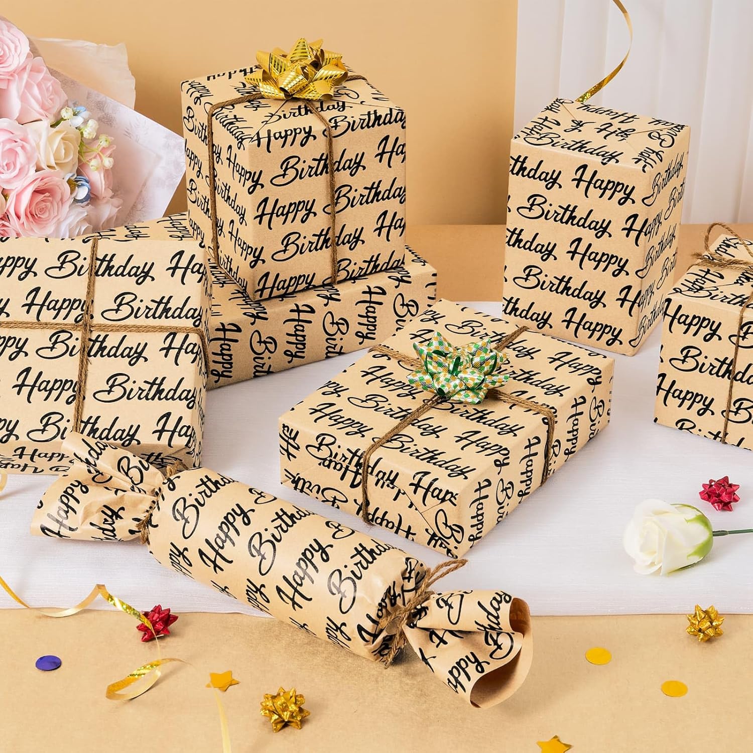 Happy Birthday Wrapping Paper - 1 Roll 17” X 33 Ft Brown Kraft Gift Wrapping Paper For Kids Adults Birthday Party Decoration Present Packing Supply