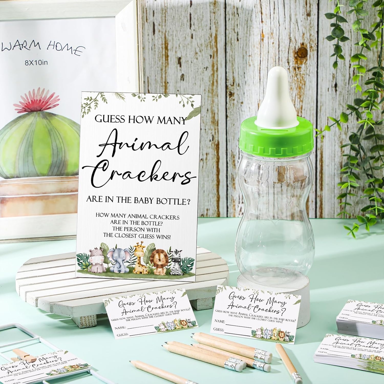 122 Pcs Woodland Safari Baby Shower Games Guess How Many Crackers Sign 100 Guessing Cards Milk Bottle 20 Pencils For Animal Jungle Theme Baby Shower Gender Reveal Party Decor(Animal)