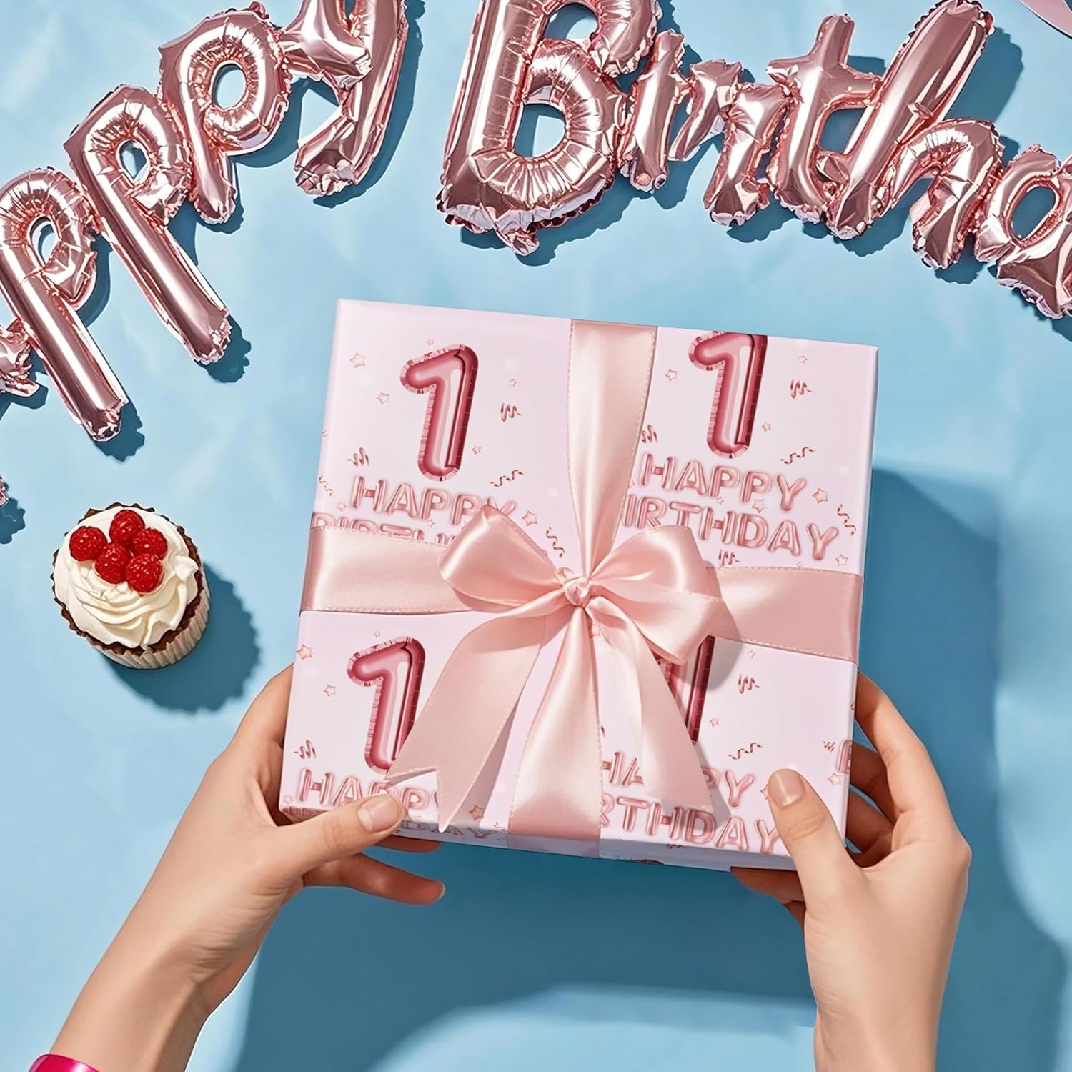 Girl 1St Birthday Wrapping Paper - Mini Roll - 17 Inch X 16.5 Feet - Happy Birthday Wrapping Paper Perfect For Kids Girls, Baby Shower