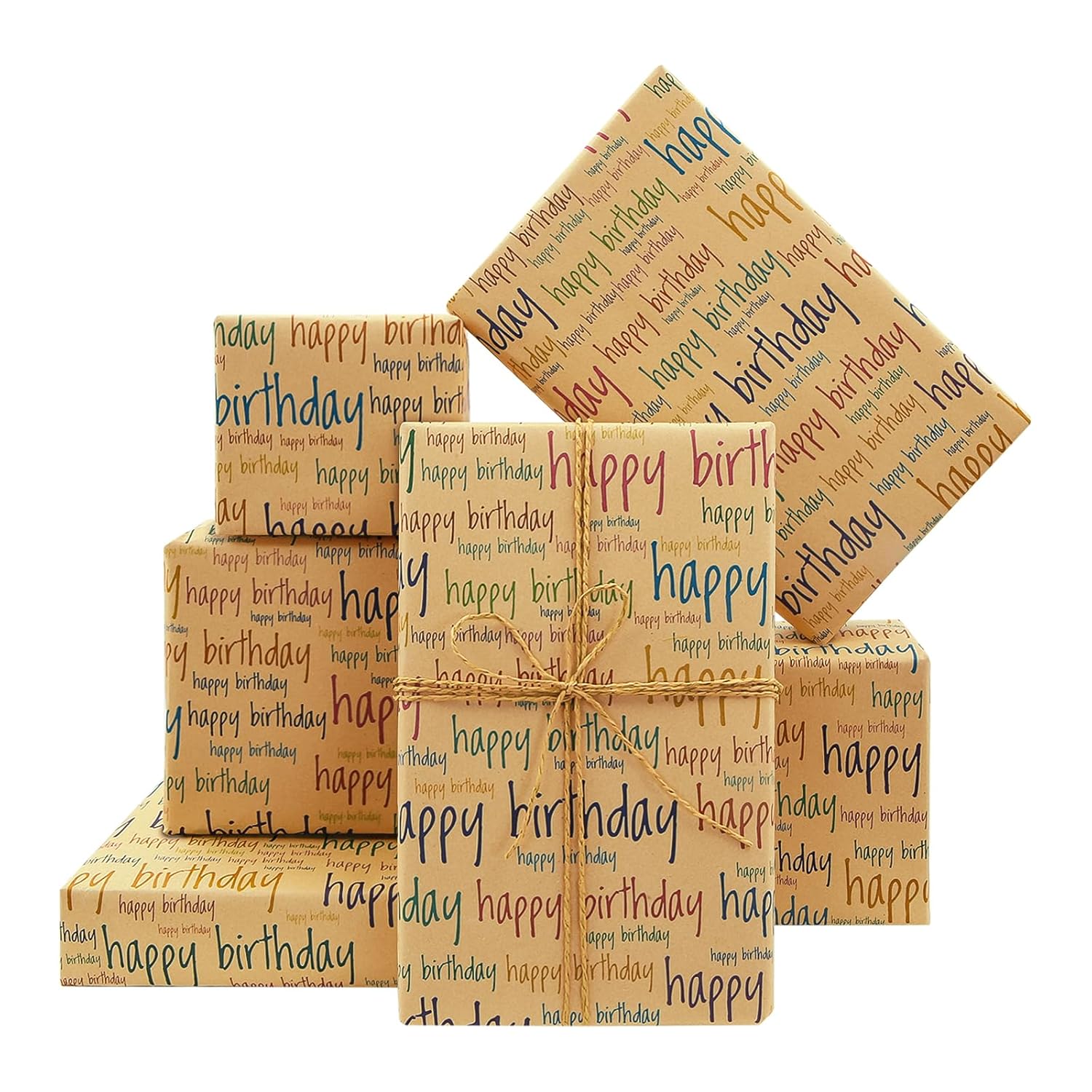Happy Birthday Wrapping Paper For Men Women Boys Girls Kids, 20 X 28 Inches Per Sheet (4 Sheets: 15 Sq. Ft. Ttl.) Brown Recycled Kraft Folded Gift Wrap Paper For Baby Shower Daddy All Birthday Occasions