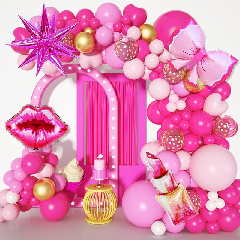 145Pcs Princess Pink Balloon Garland Arch Kit, Hot Pink Confetti 4D St